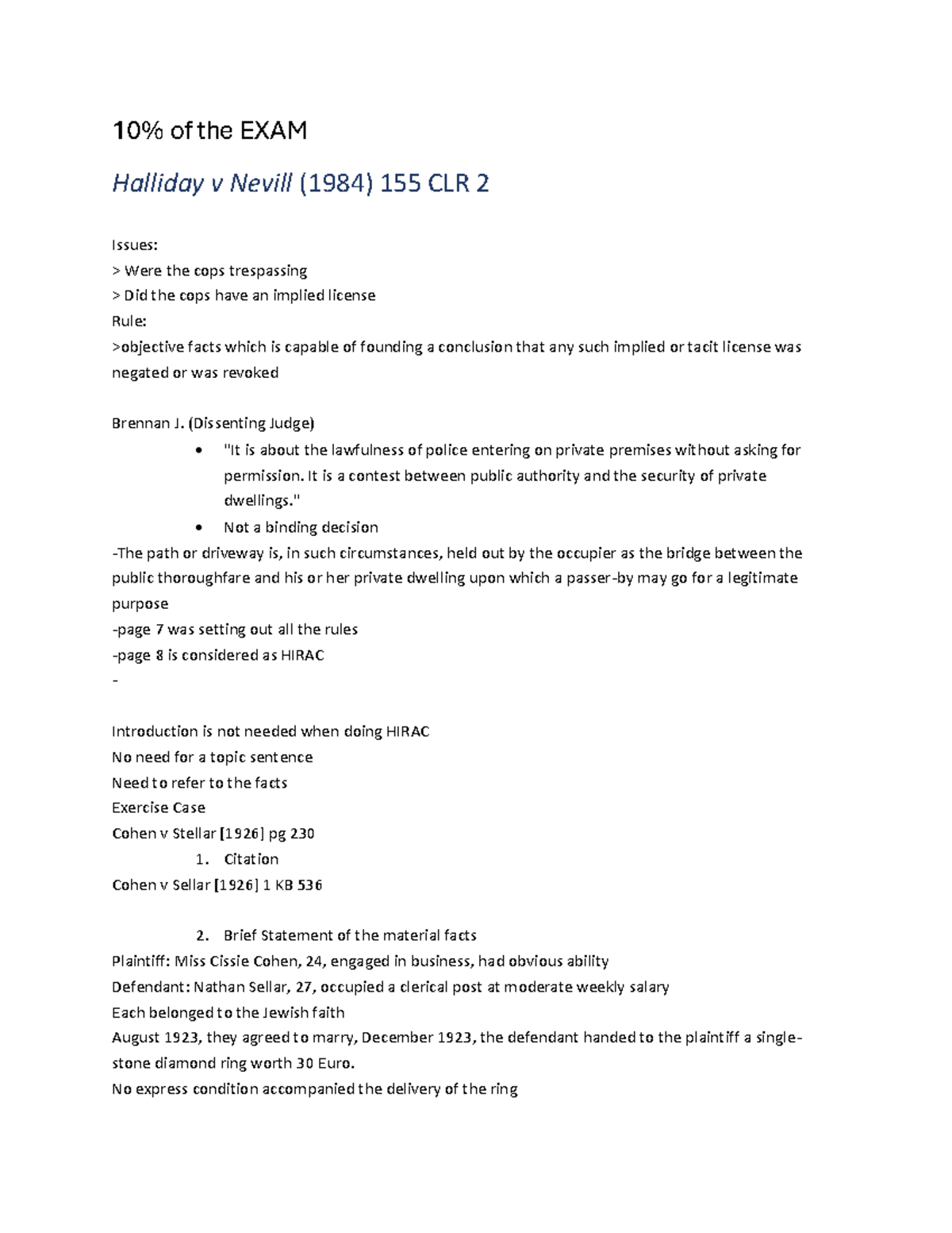 10% Exam Prep Notes: Halliday v Nevill & Key Legal Cases - Studocu