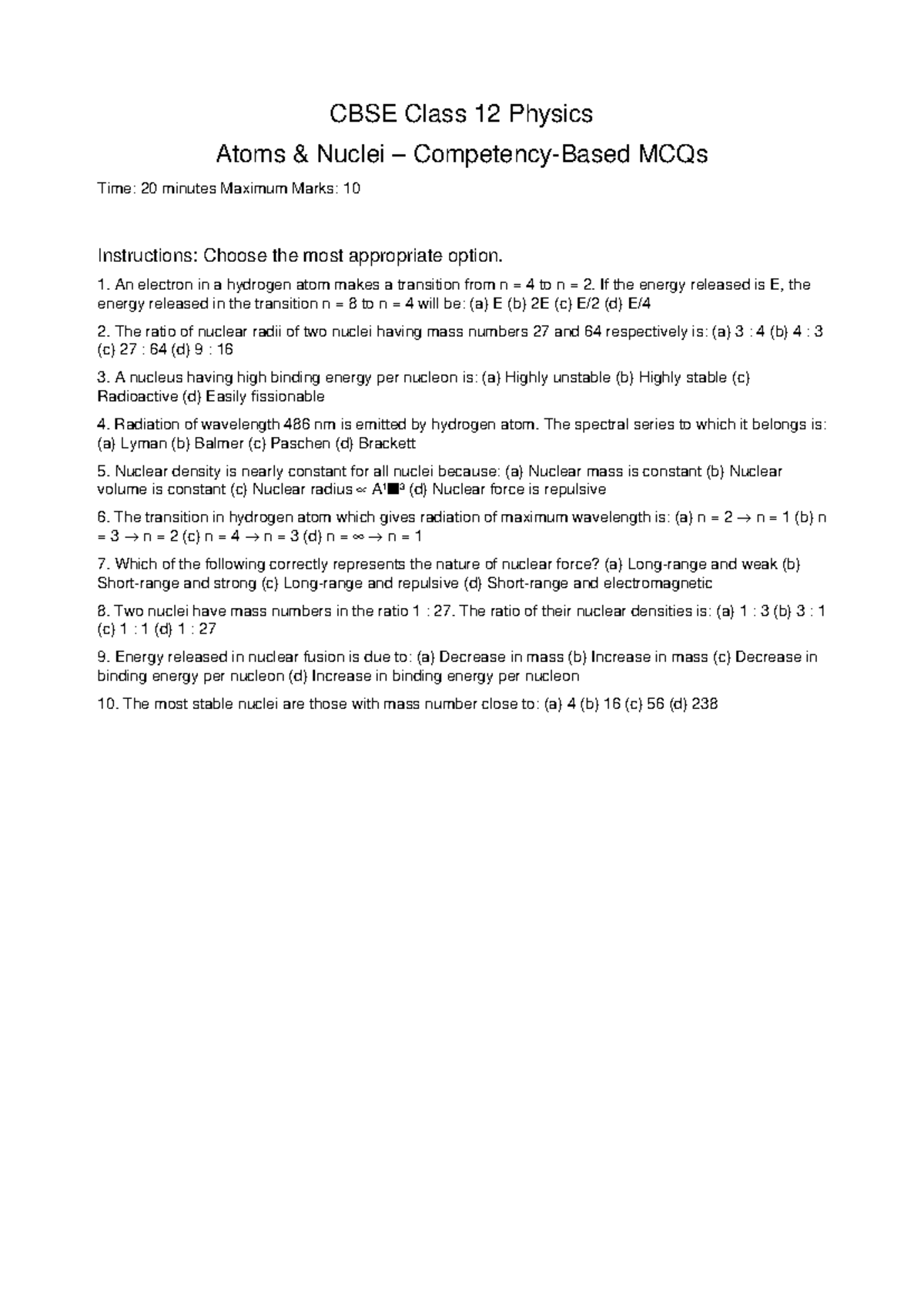 CBSE Class 12 Physics Atoms & Nuclei MCQs for Competency Assessment ...
