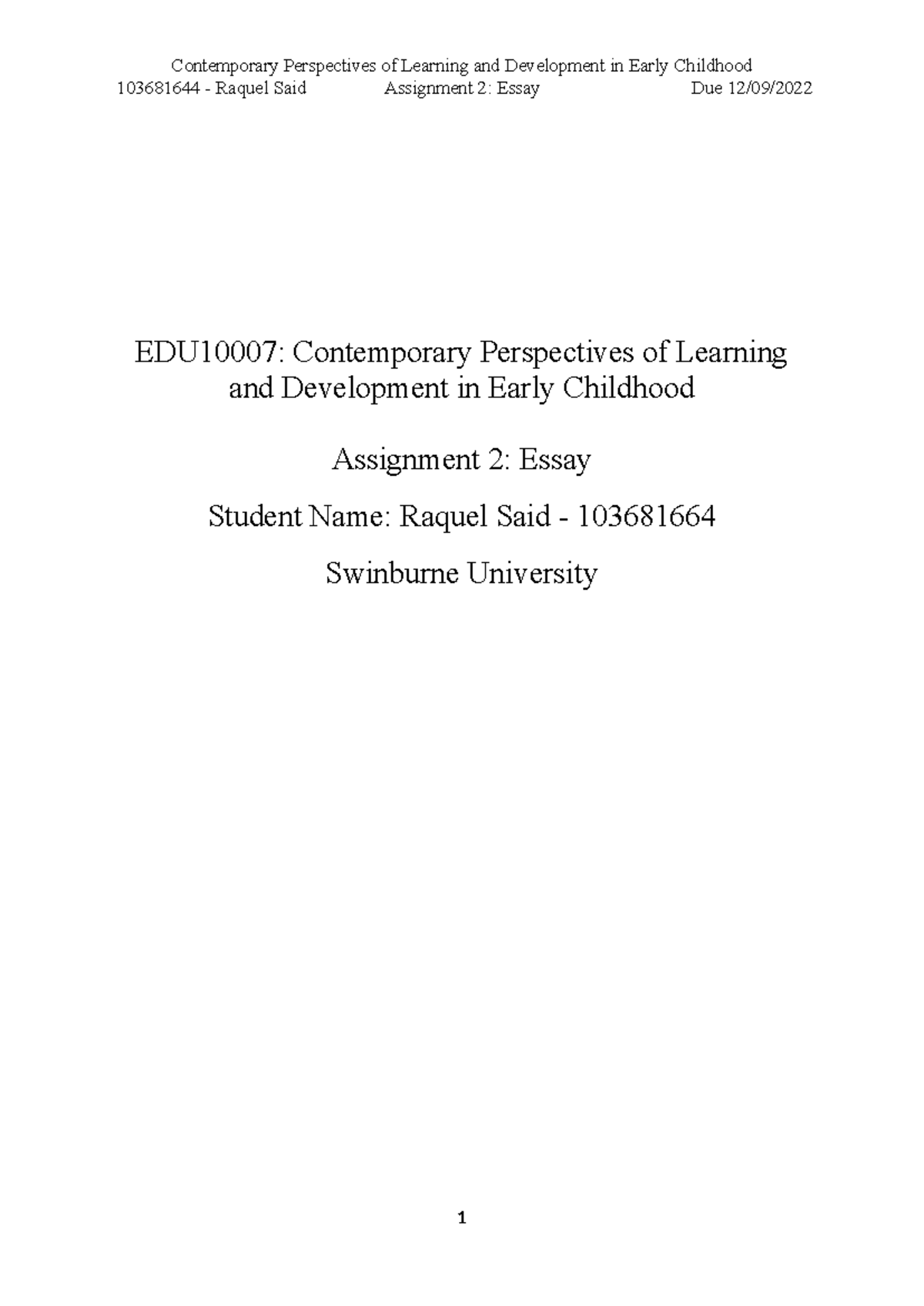 EDU10007 A2 - Contemporary Perspectives in Early Childhood Education ...