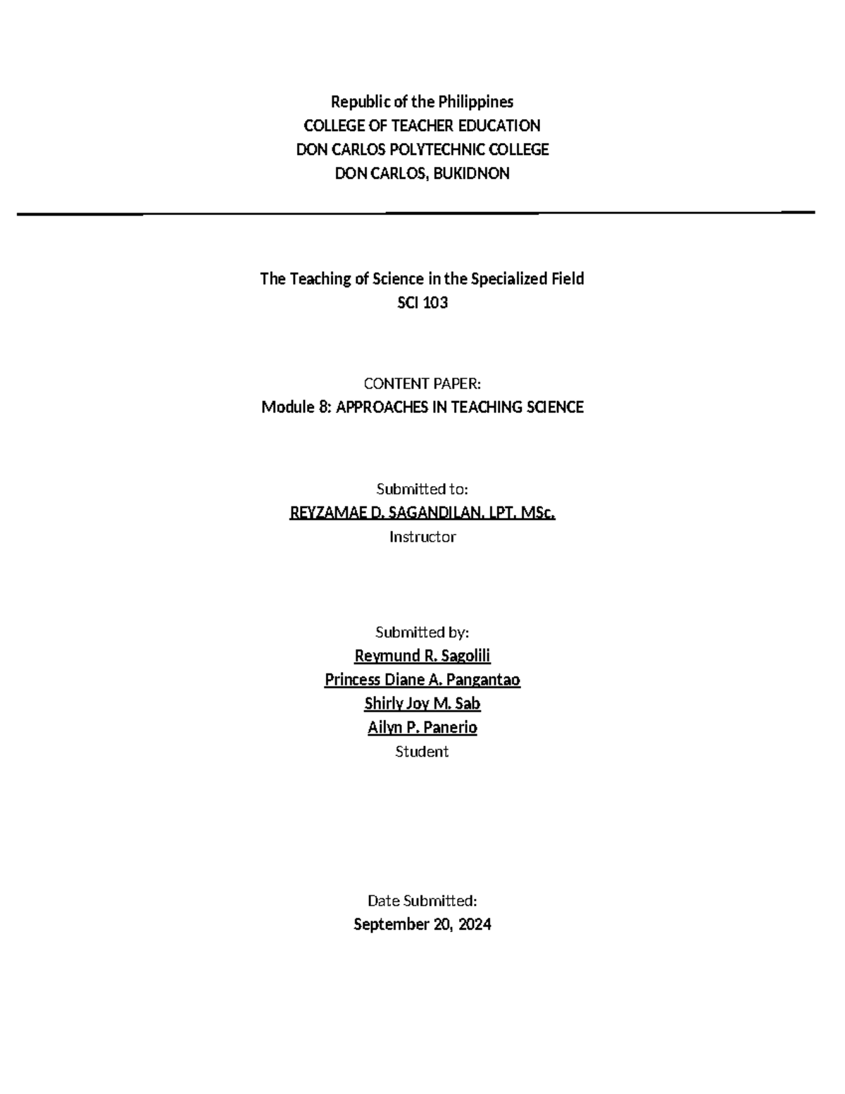 SCI 103 Final Exam: Approaches in Teaching Science Content Paper - Studocu