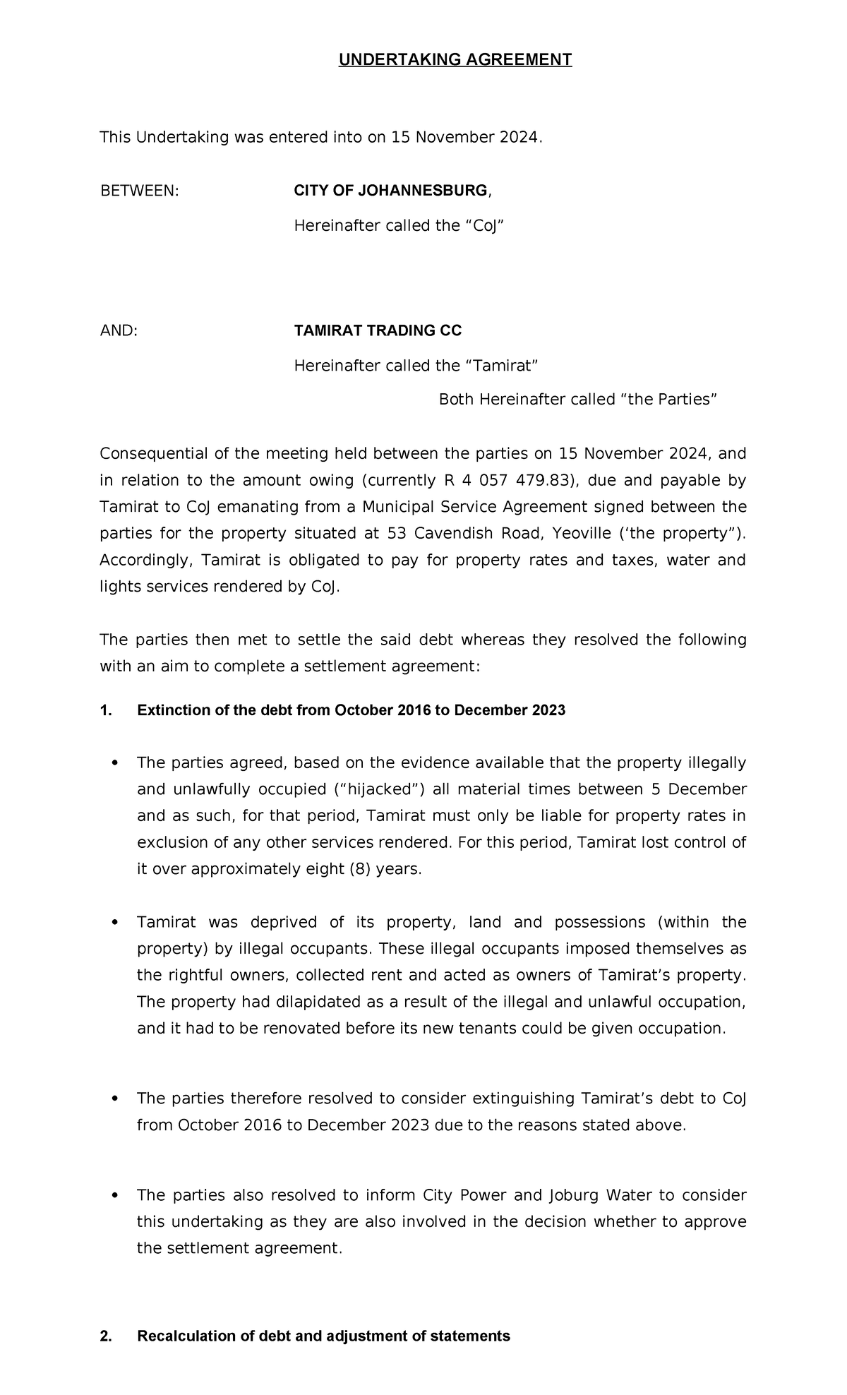 Sample Undertaking Agreement: City of Johannesburg & Tamirat Trading CC ...
