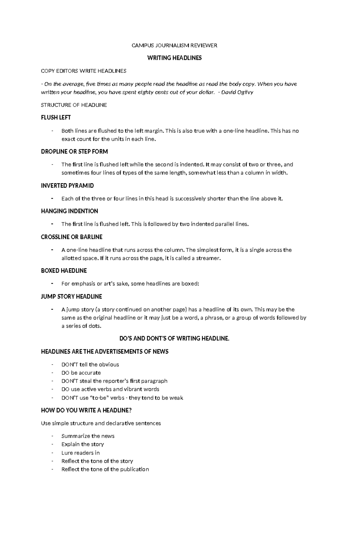 CAMPUS JOURNALISM: HEADLINE WRITING GUIDELINES AND STRATEGIES - Studocu