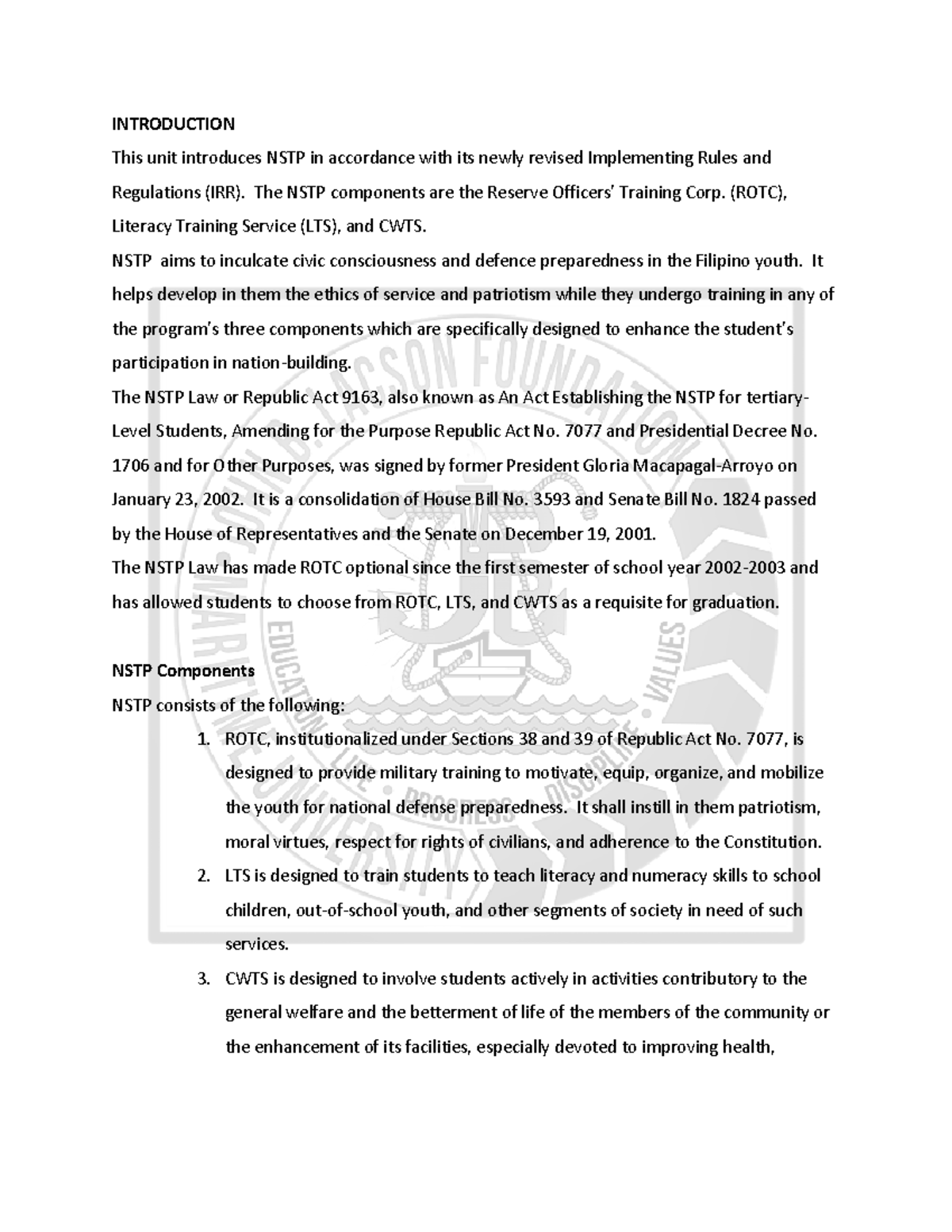 NSTP CWTS 1 Unit 1 Overview and Key Components Discussion - Studocu