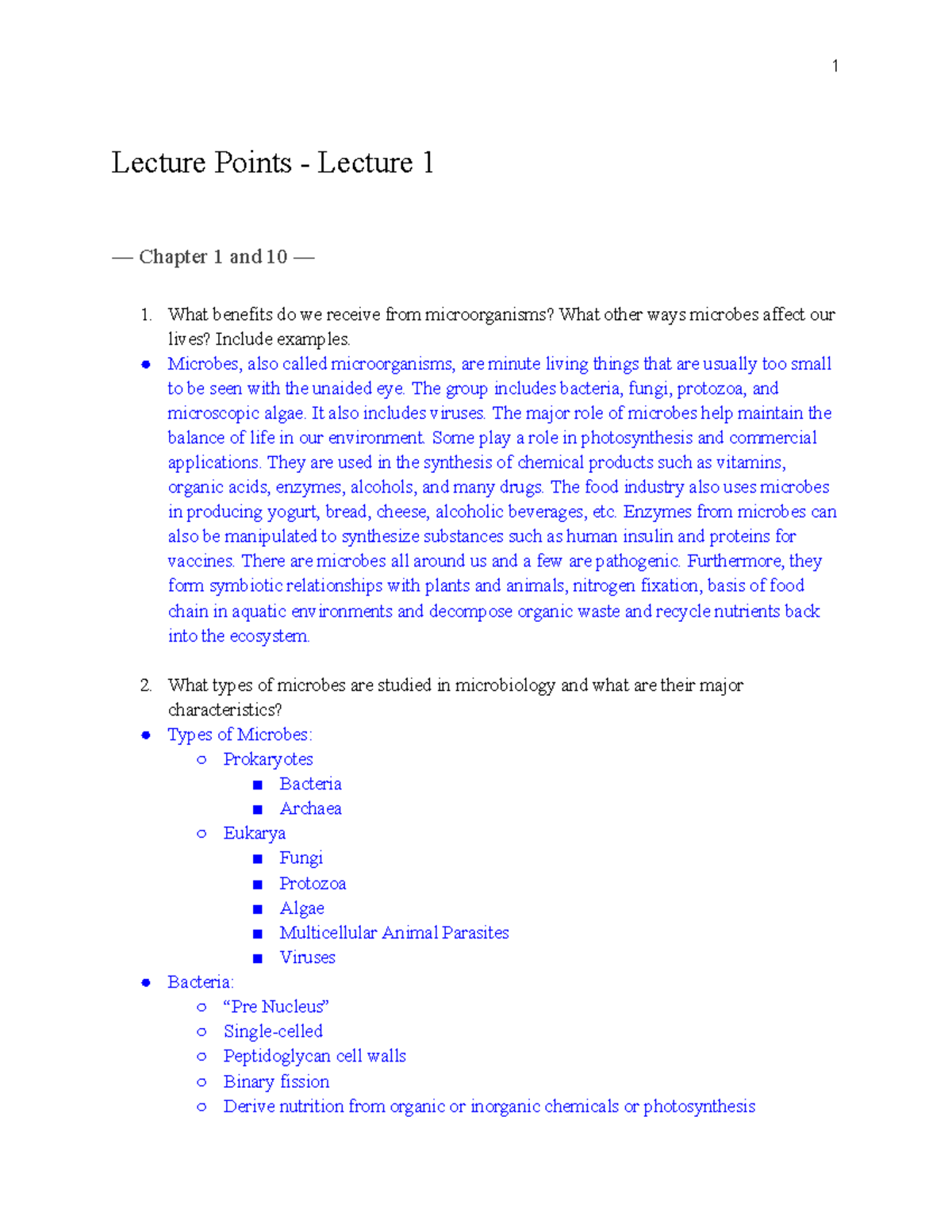 Lecture Points for Exam 1 - Lecture Points - Lecture 1 — Chapter 1 and ...