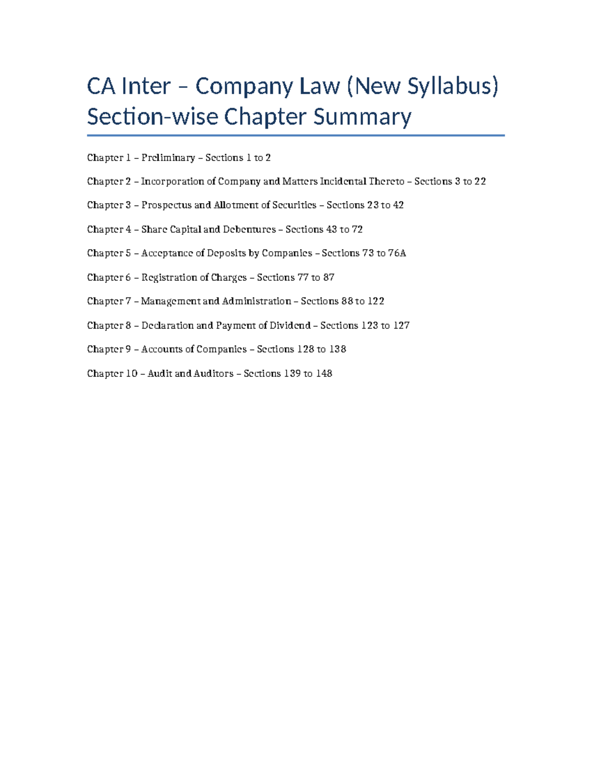 CA Inter Company Law Section Wise Summary Chart - Studocu