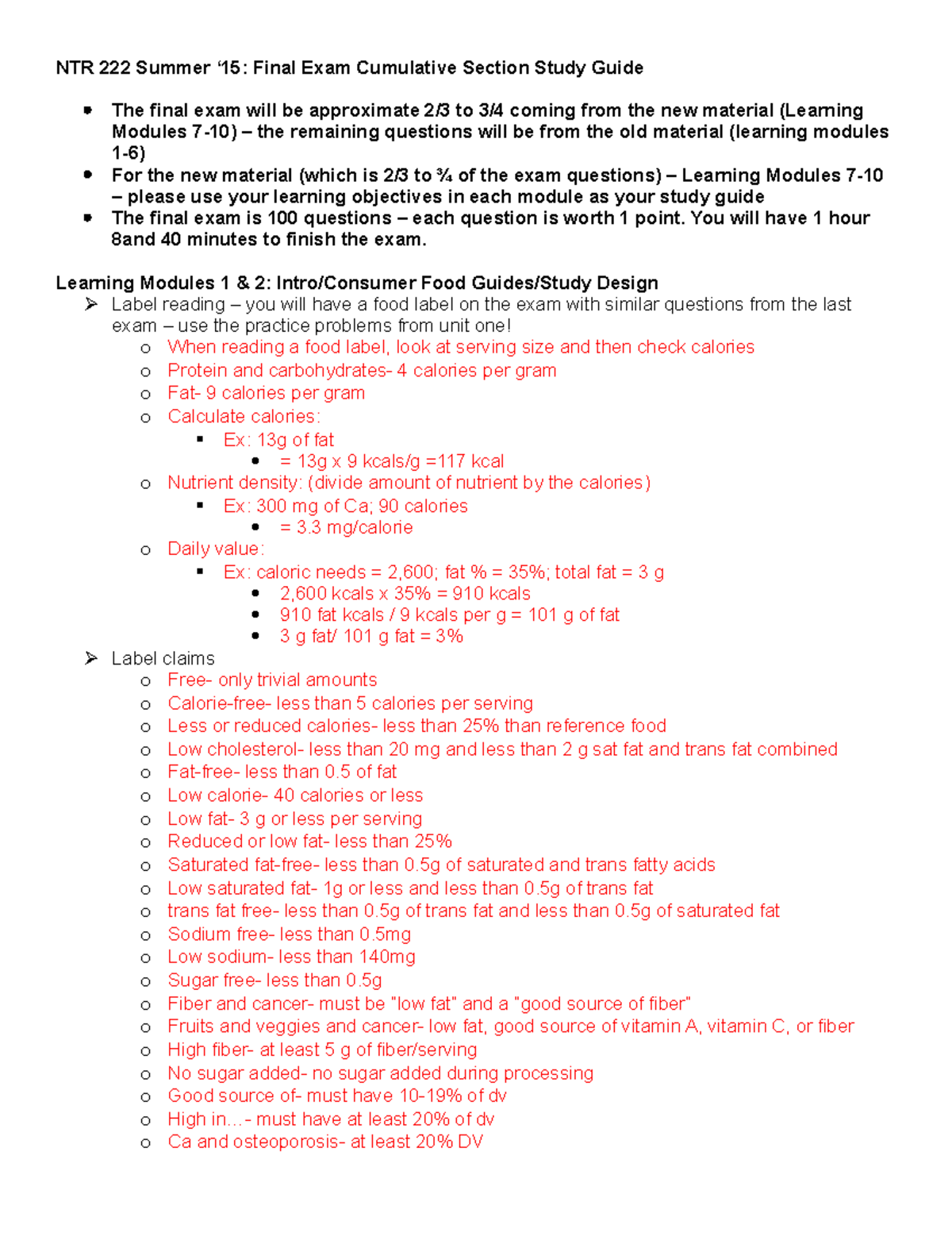 Final Exam Study Guide - NTR Summer Final Exam Cumulative Section Study ...