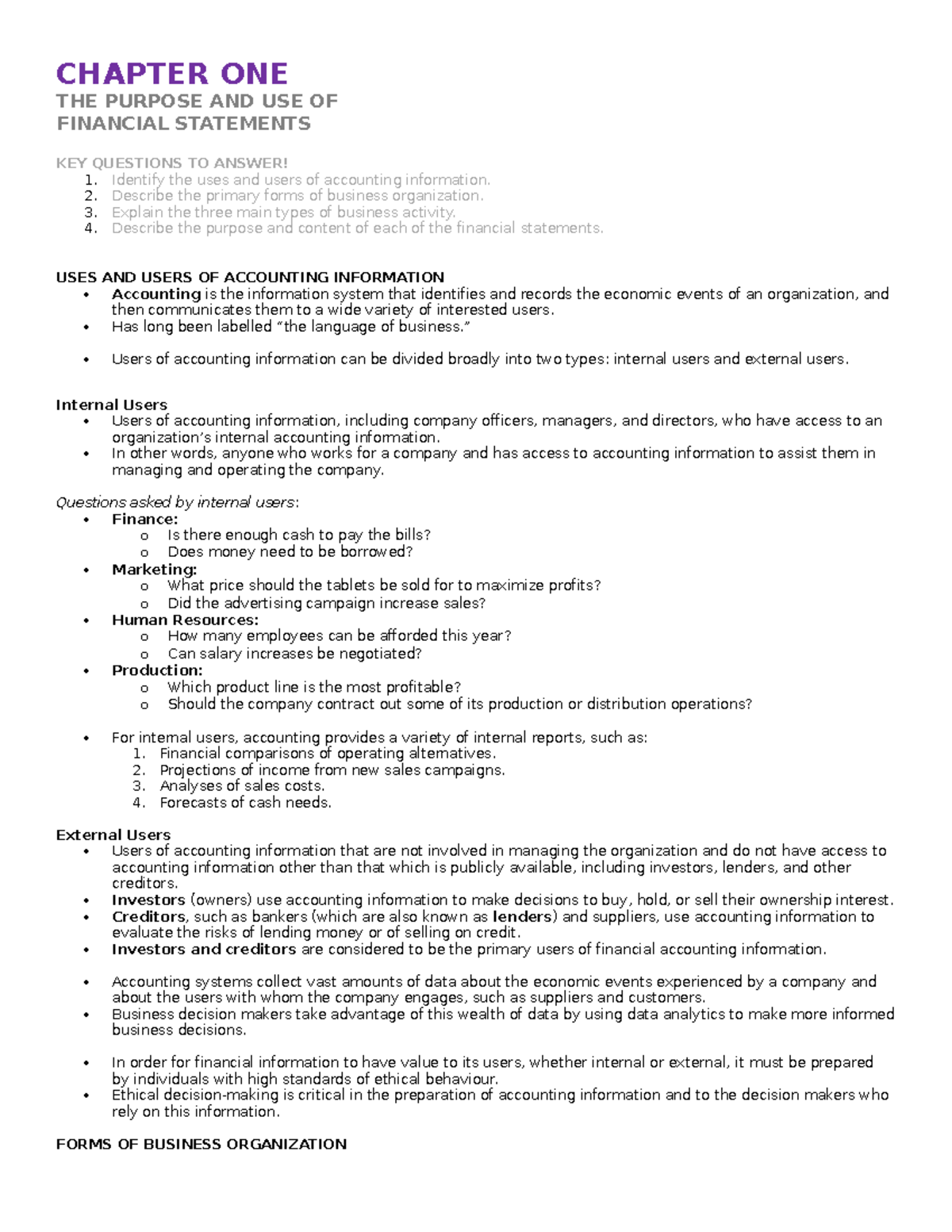 ACCT 101: Chapter 1 - Purpose and Use of Financial Statements - Studocu