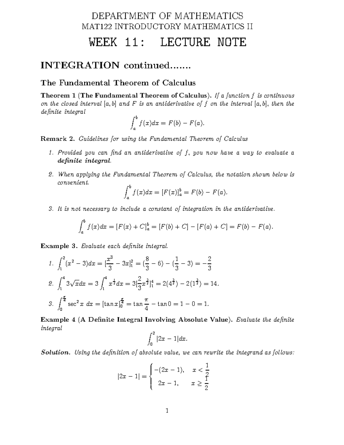 MAT122 Week 11: Lecture Notes on Integration Concepts - DEPARTMENT OF ...