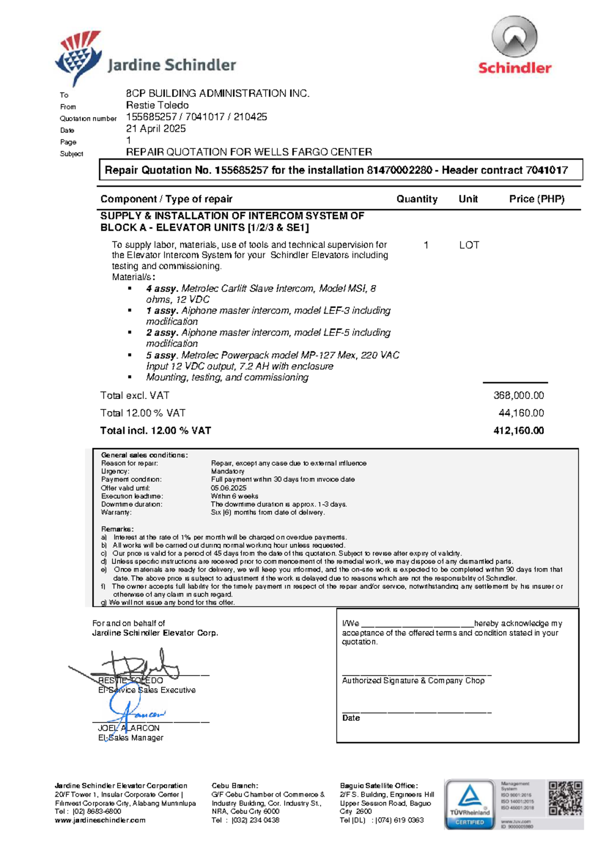 Repair Quotation 155685257 for Intercom System at Wells Fargo Center ...