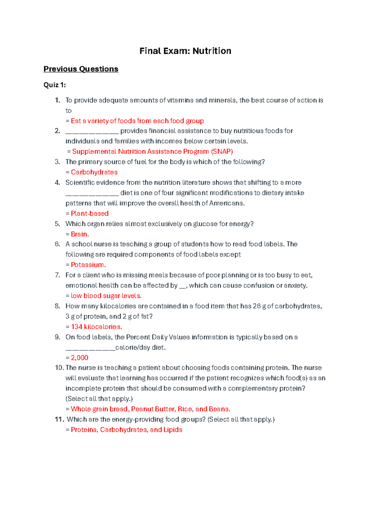 Nutrition Final Exam Study Guide: Key Concepts and Questions - Studocu