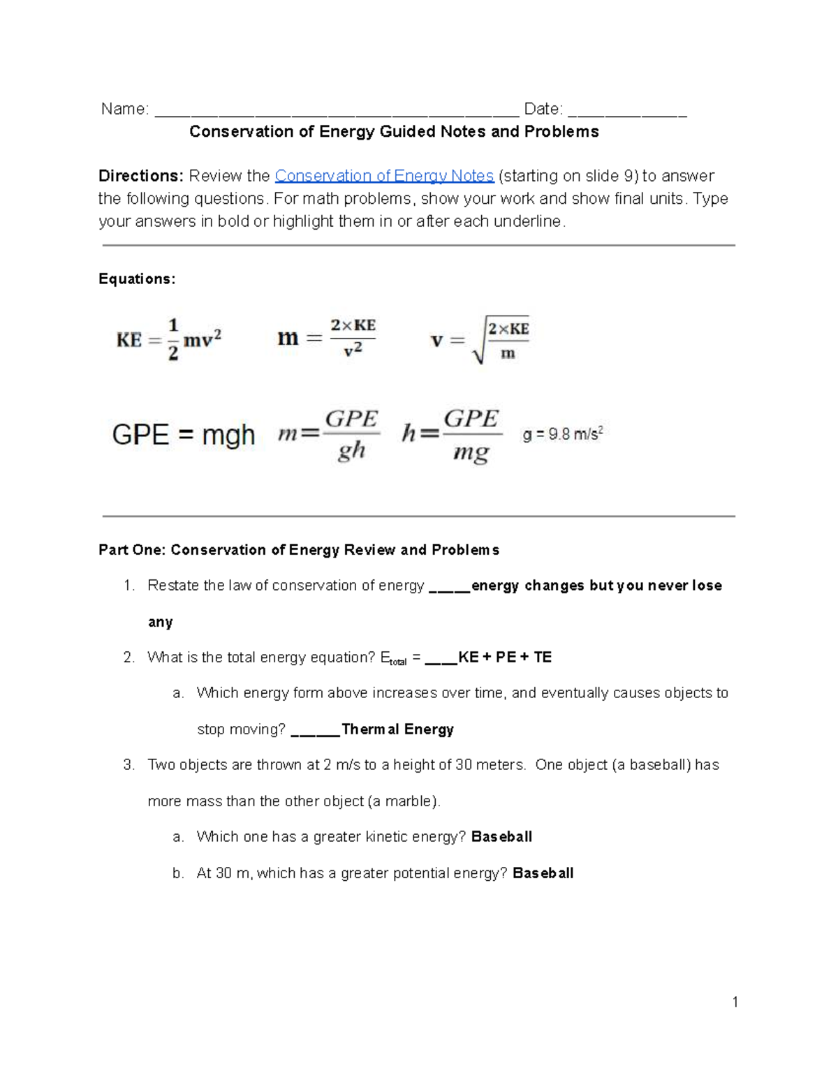 Jasmine Brown - Conservation of Energy Guided Notes & Problems - Studocu