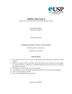 LW204: Torts Law II Final Exam Guide - Semester 2 2022 - Studocu