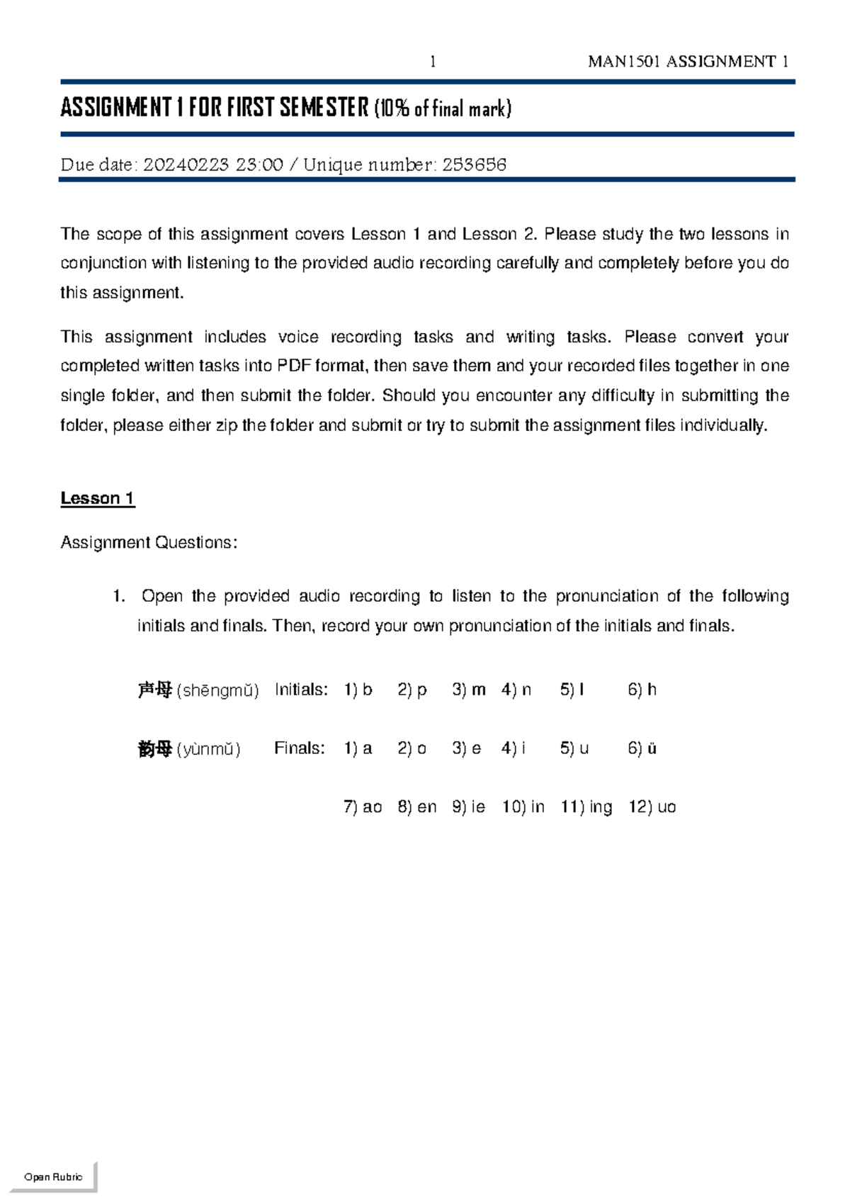 MAN1501 Assignment 1: Lessons 1 & 2 Pronunciation Tasks - Studocu
