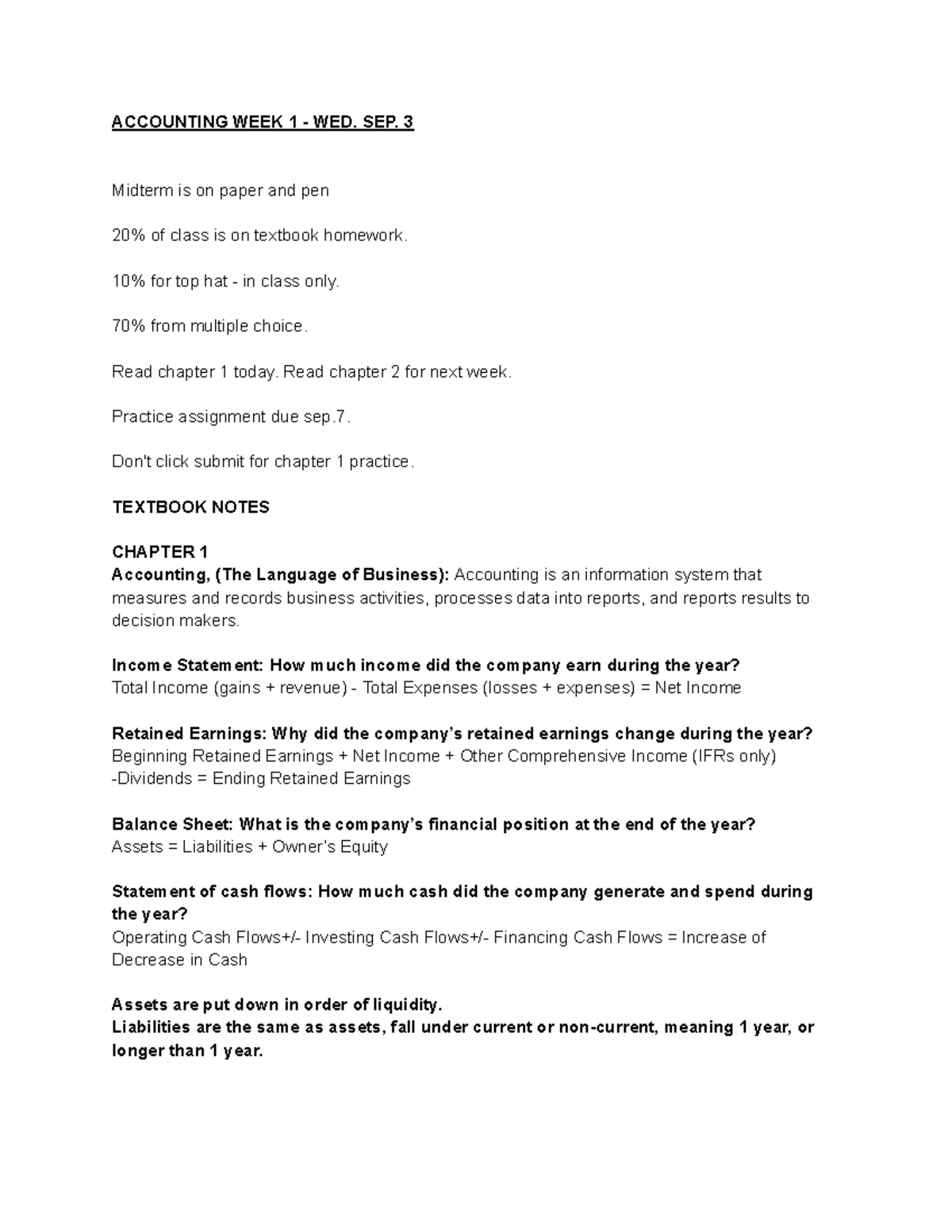 ACCT 101 WEEK 1 MIDTERM NOTES: CHAPTER 1 & 2 OVERVIEW - Studocu