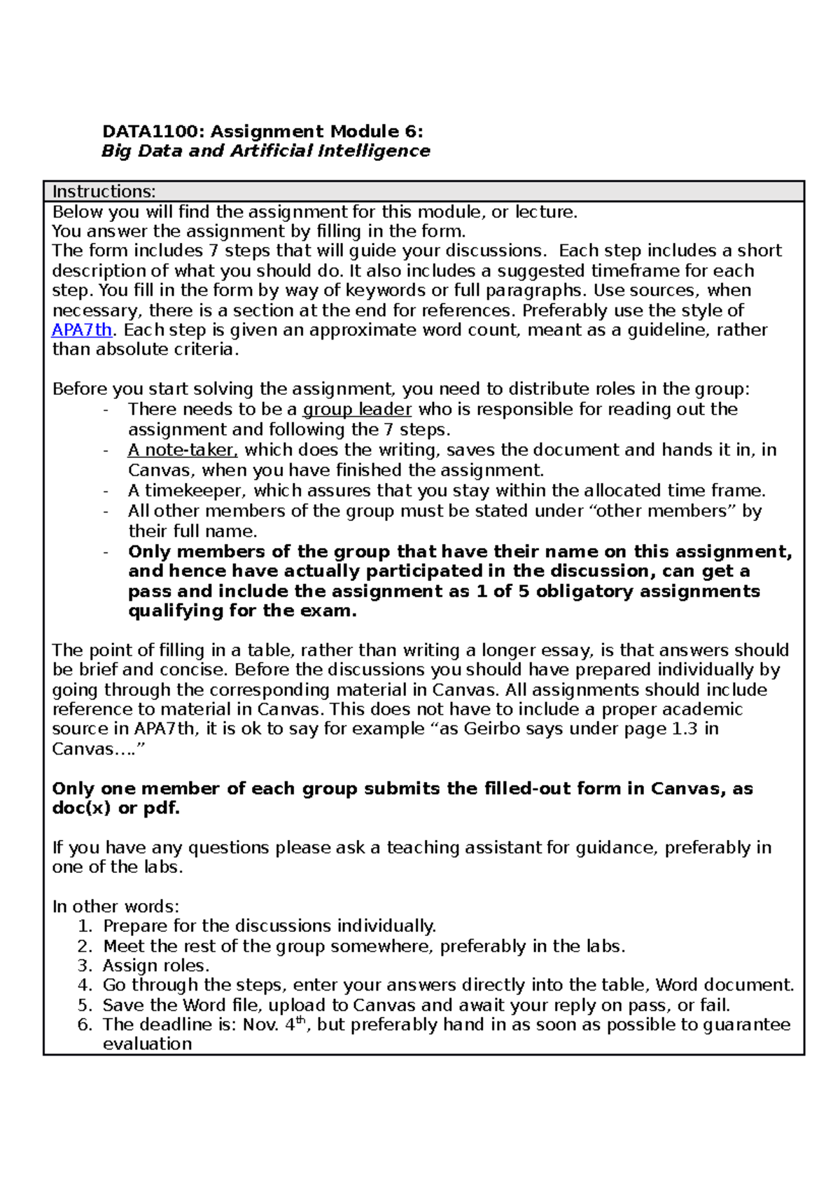 DATA1100: Big Data & AI Assignment Module 6 Guide for Groups - Studocu