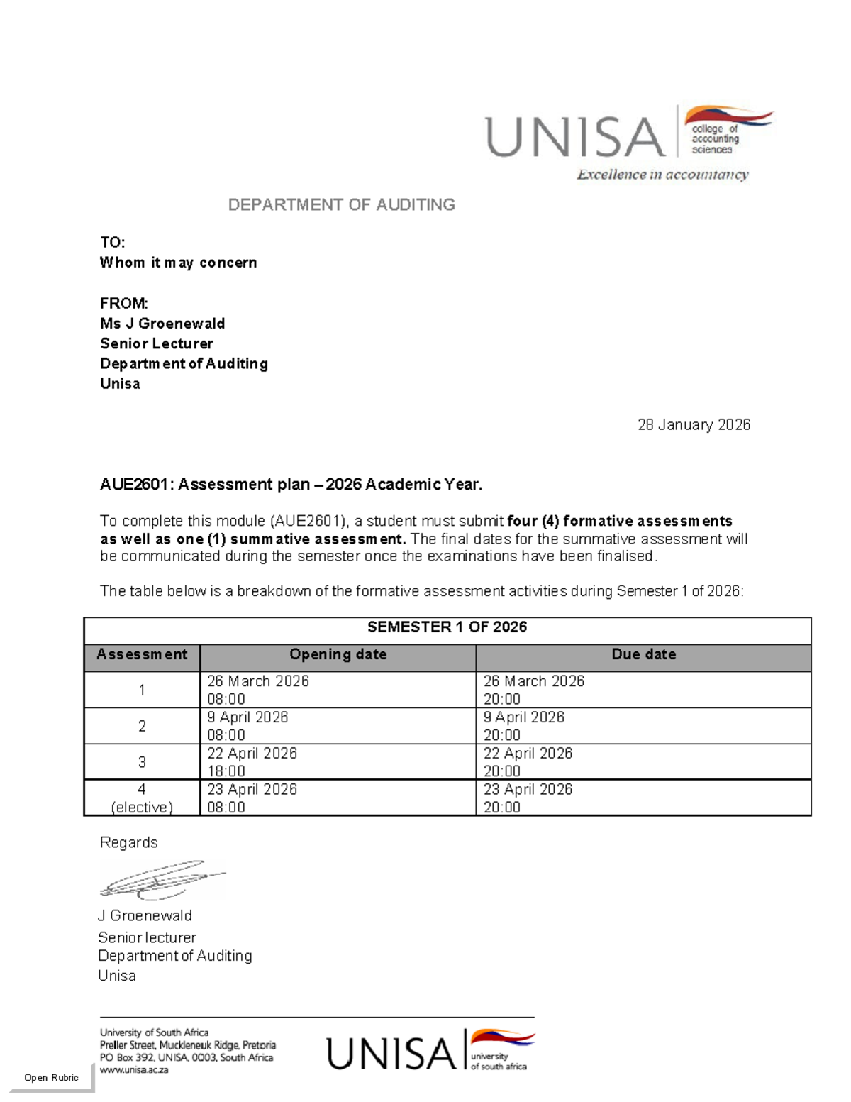 AUE2601: Assessment Plan & Dates for Semester 1, 2026 - Studocu