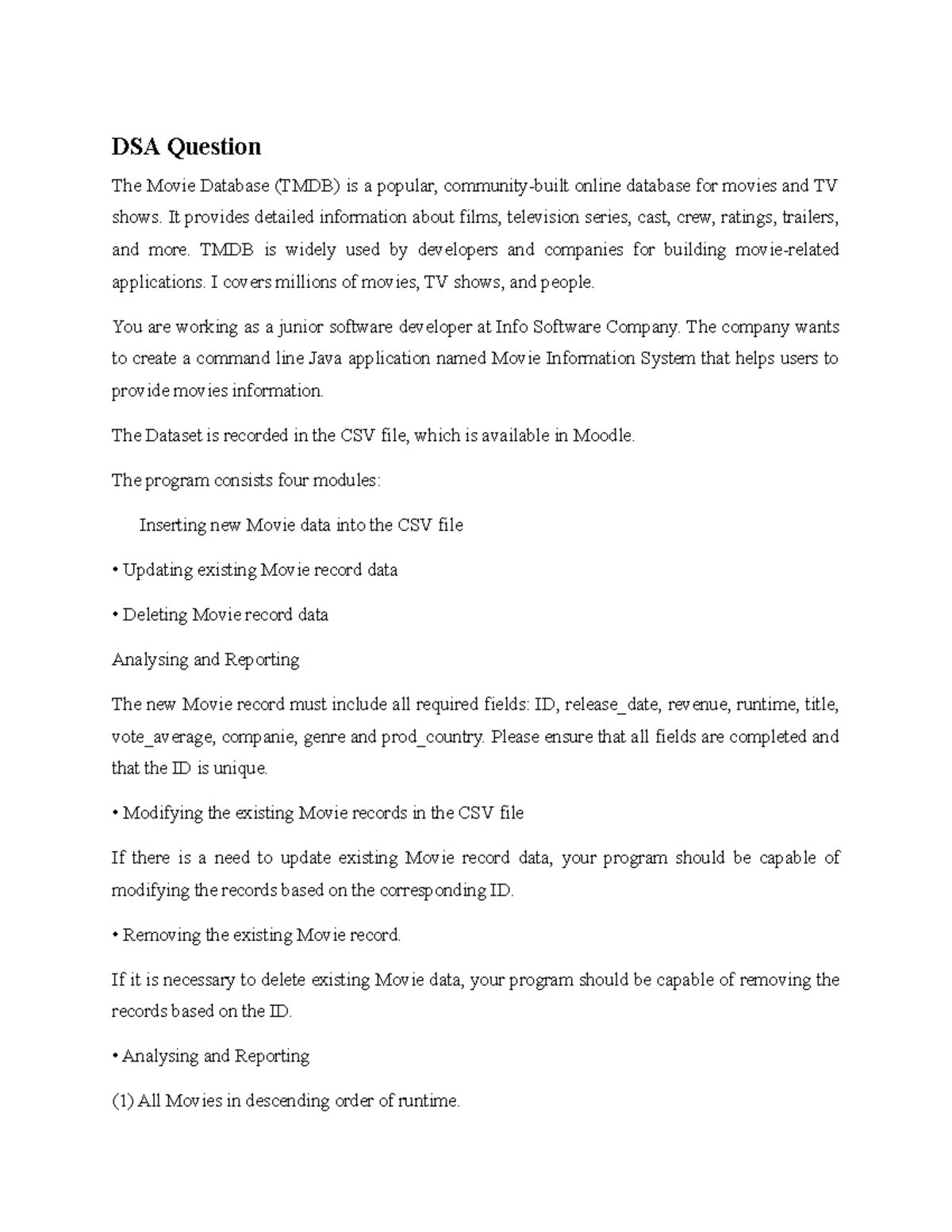 DSA P1: Movie Information System Development and Data Structures - Studocu