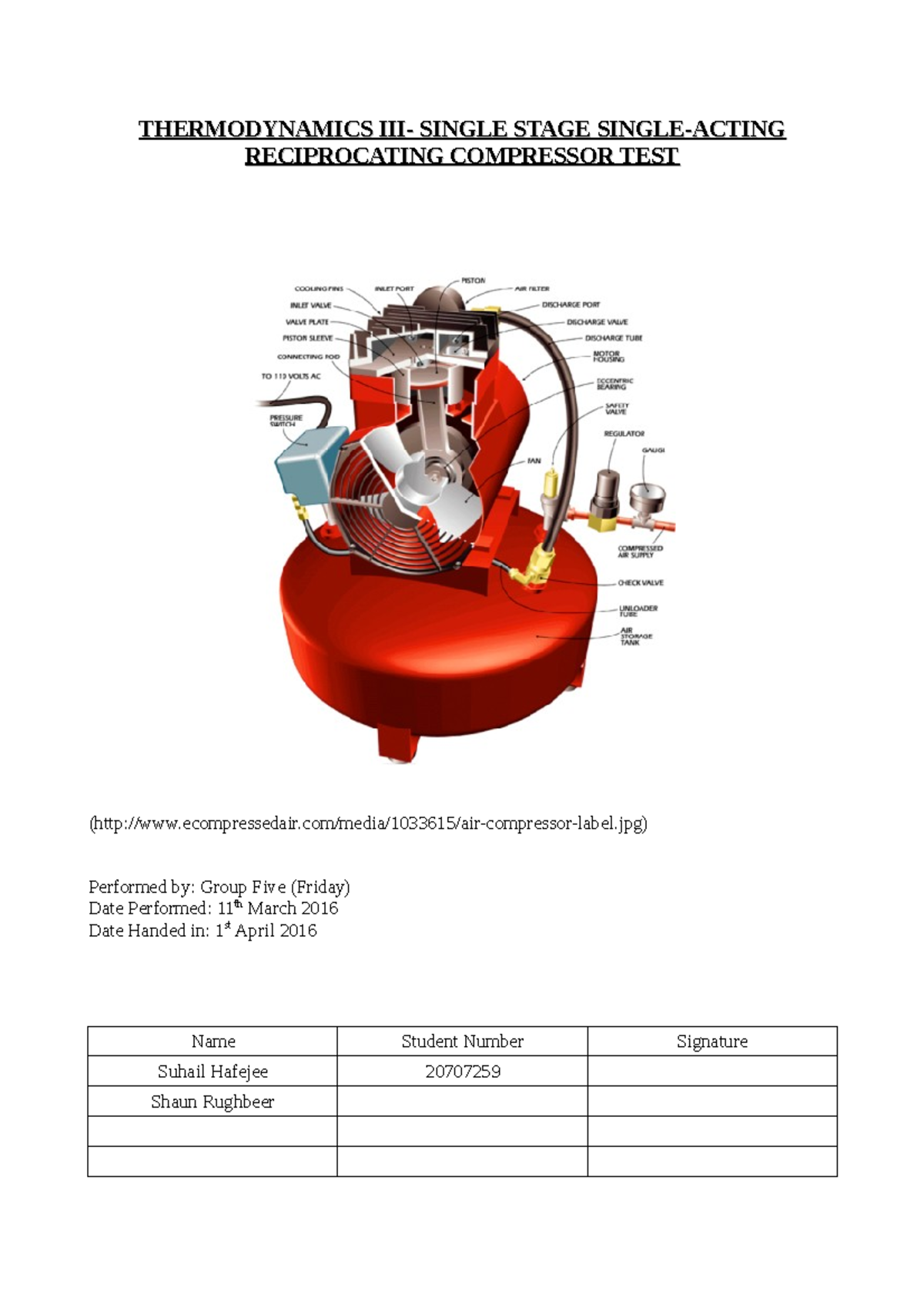 Thermodynamics III: Single Stage Single-Acting Compressor Practical ...