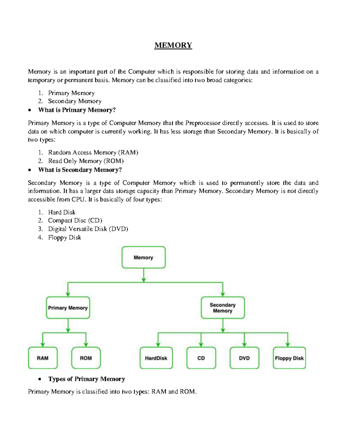 Memory (CS101) - Helpful Notes on Primary and Secondary Memory - Studocu