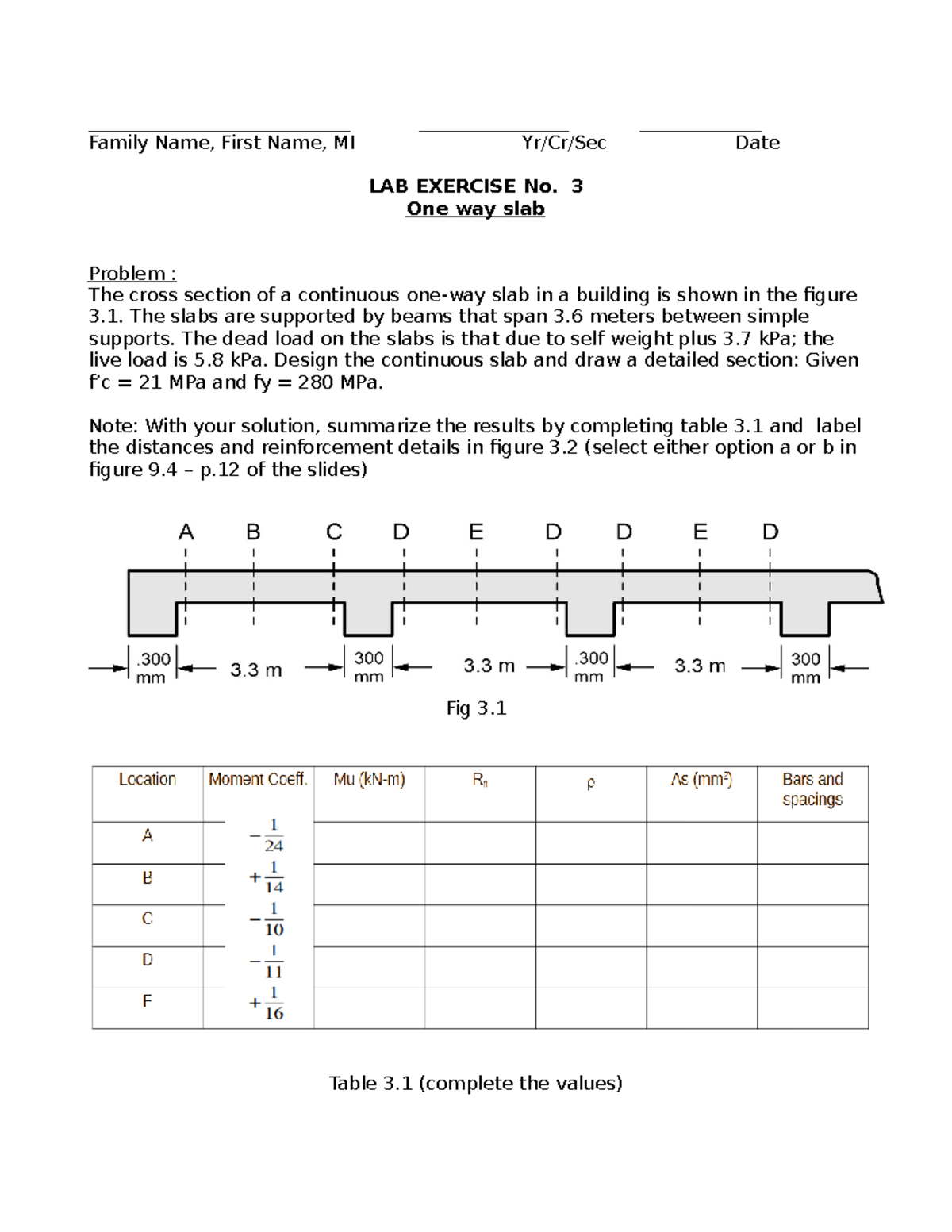 One Way Slab Design - Lab Exercise No. 3 (ENG101) - Studocu