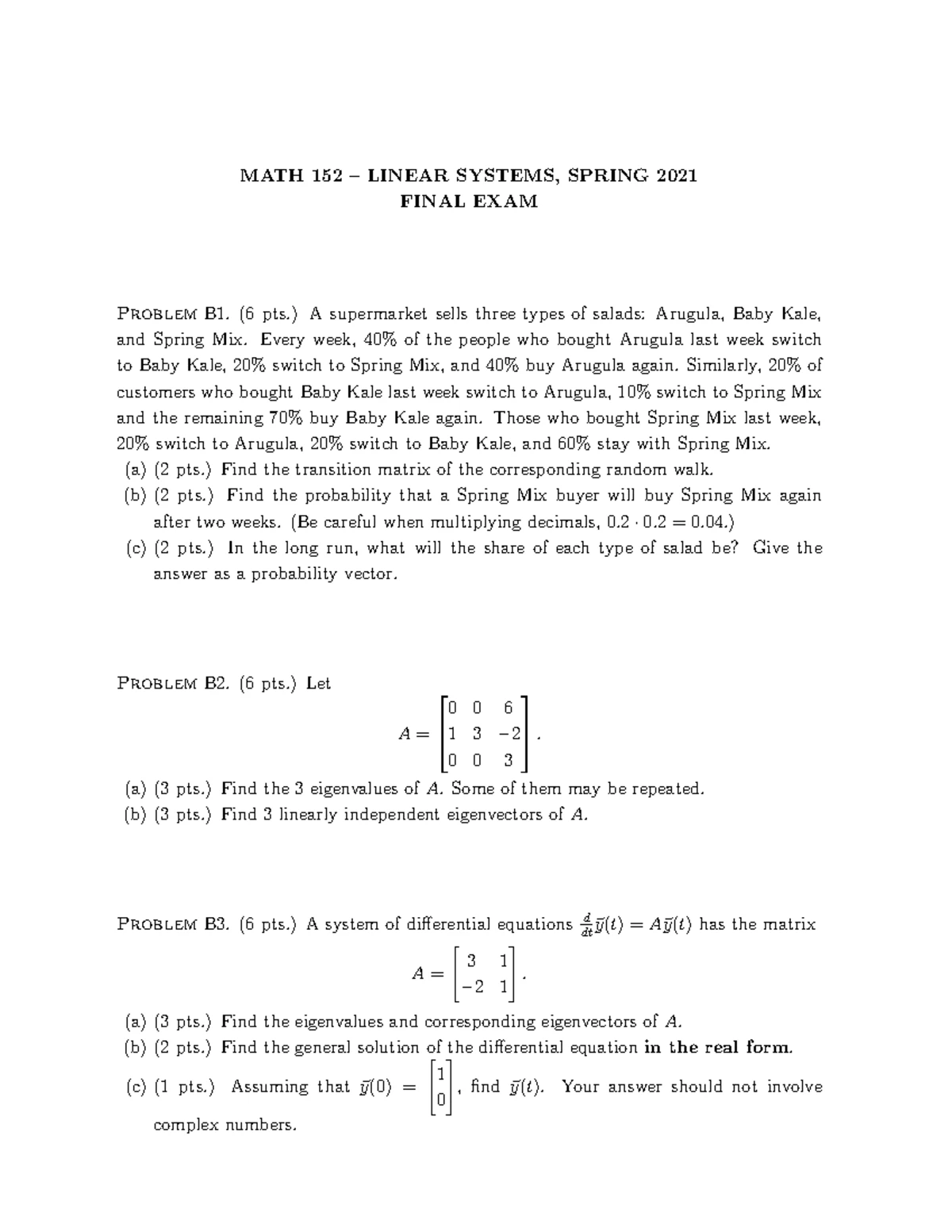 MATH 152 - Exam #1A Solutions for Linear Systems, Spring 2021 - Studocu