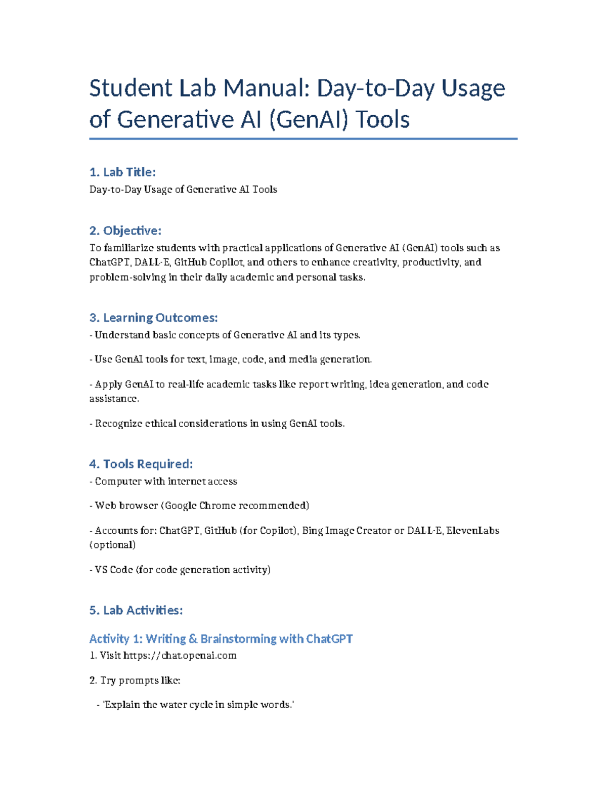 Student Lab Manual Gen AI Tools - Student Lab Manual: Day-to-Day Usage ...