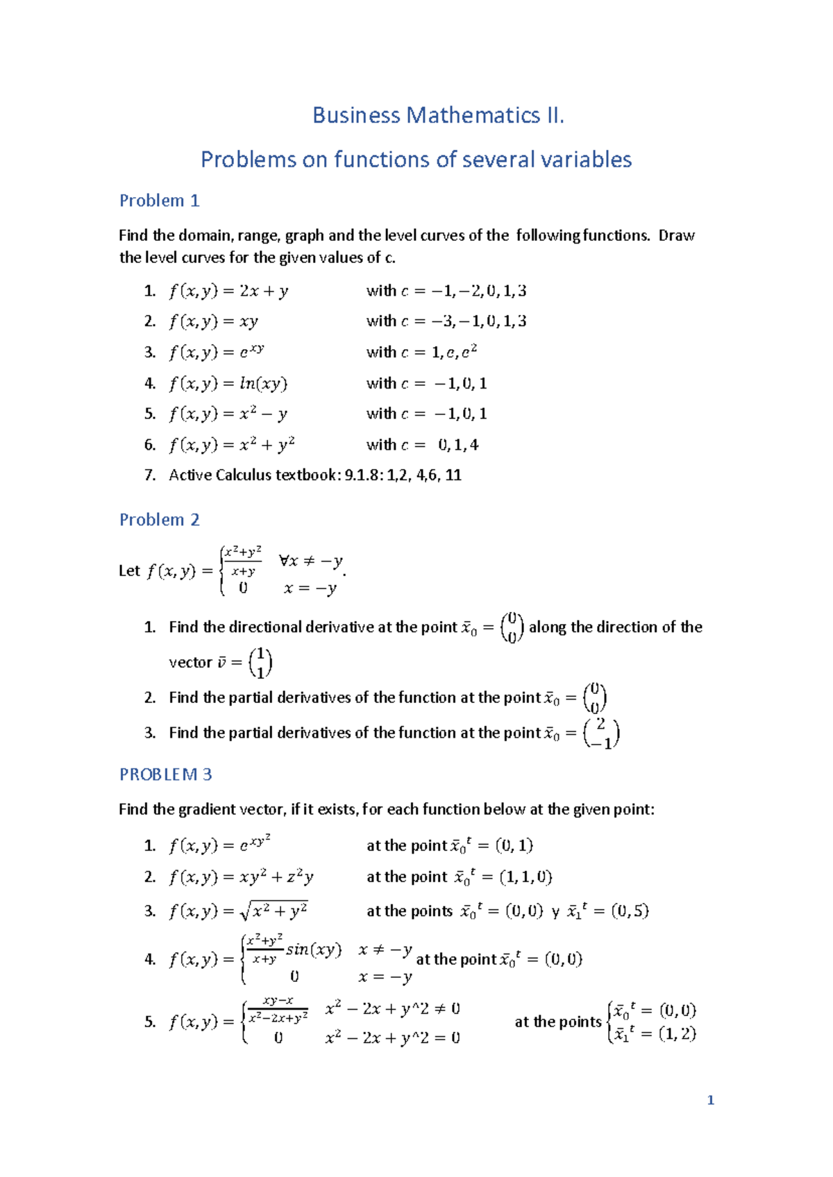 Business Mathematics II: Problem Set 1 (MATH-II) - Studocu