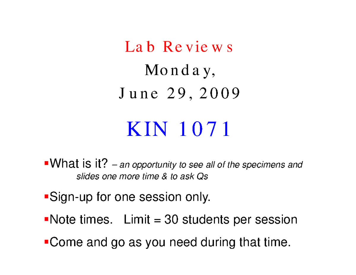 Midterm Review Sessions for KIN 1071 - Lab Practical Guide - Studocu