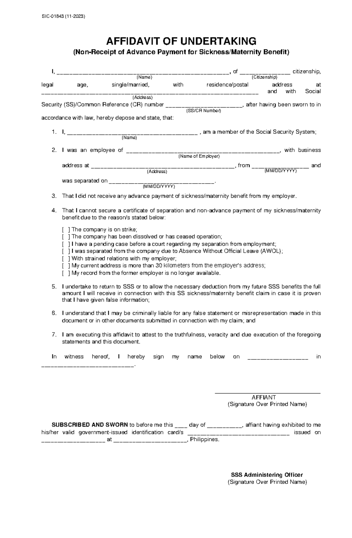 SIC-01843 - Affidavit of Undertaking for Advance Payment Benefits - Studocu