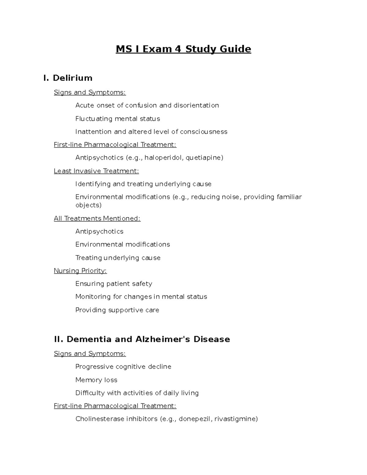 Study guide Exam 4 med surg - MS I Exam 4 Study Guide I. Delirium Signs ...