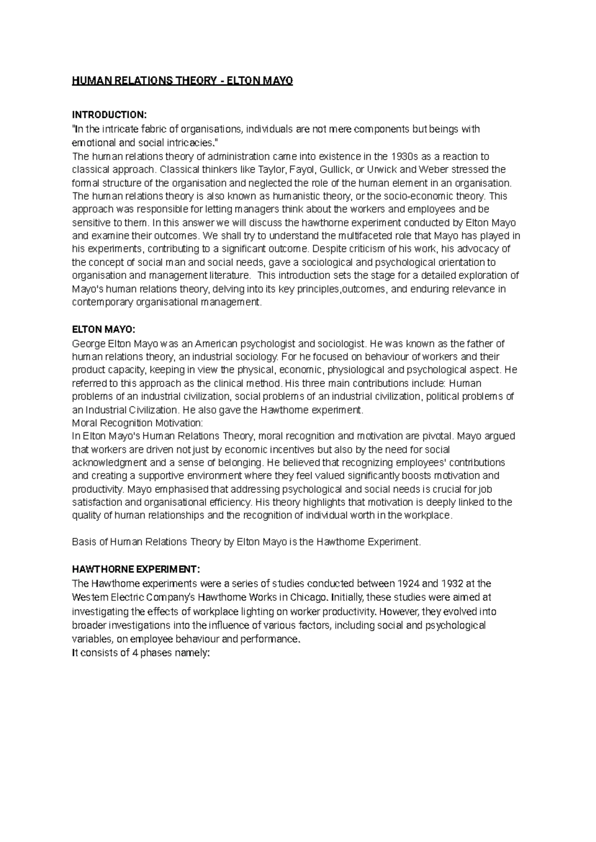 Human Relations Theory: Insights from Elton Mayo's Hawthorne ...