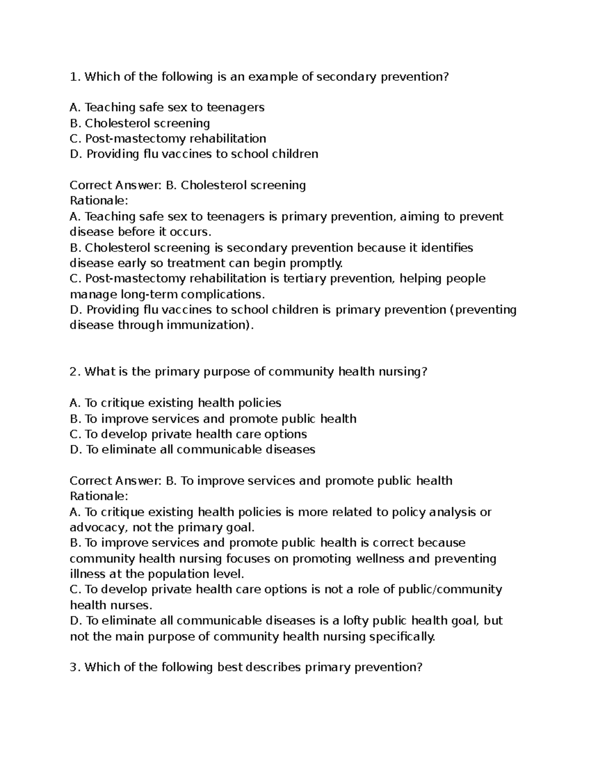 NUR 101: Practice Questions on Public Health Nursing and Prevention ...