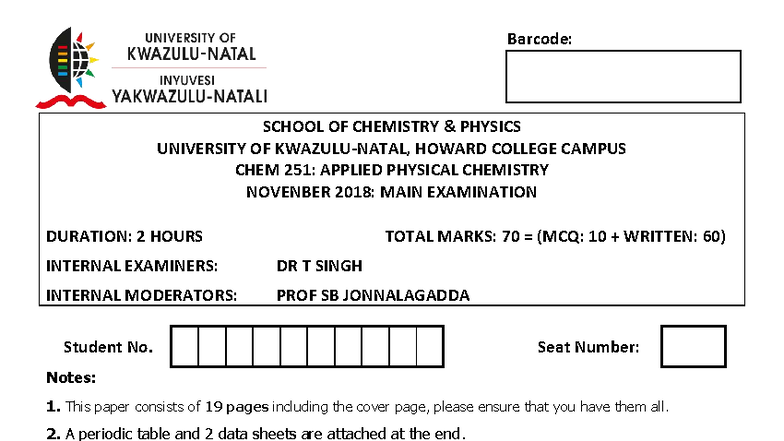 CHEM 251: Nov 2018 Final Exam Questions - Applied Physical Chemistry ...