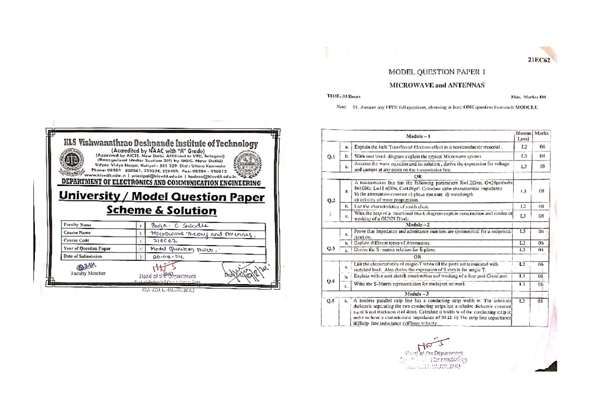 21EC62 Model Question Paper I: Microwave and Antennas - Studocu