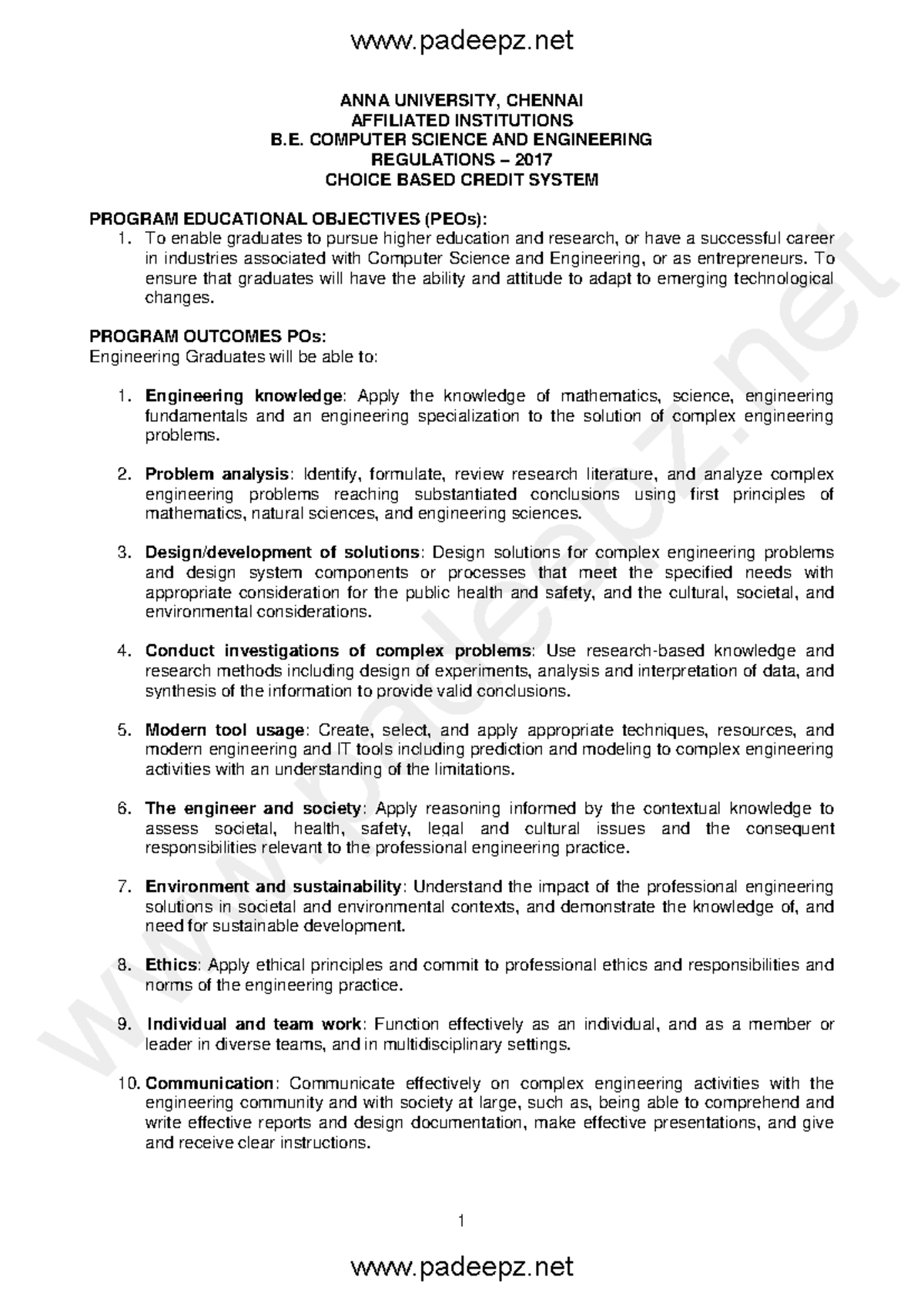 B.E. CSE Final Exam Notes: Program Educational Objectives & Outcomes ...
