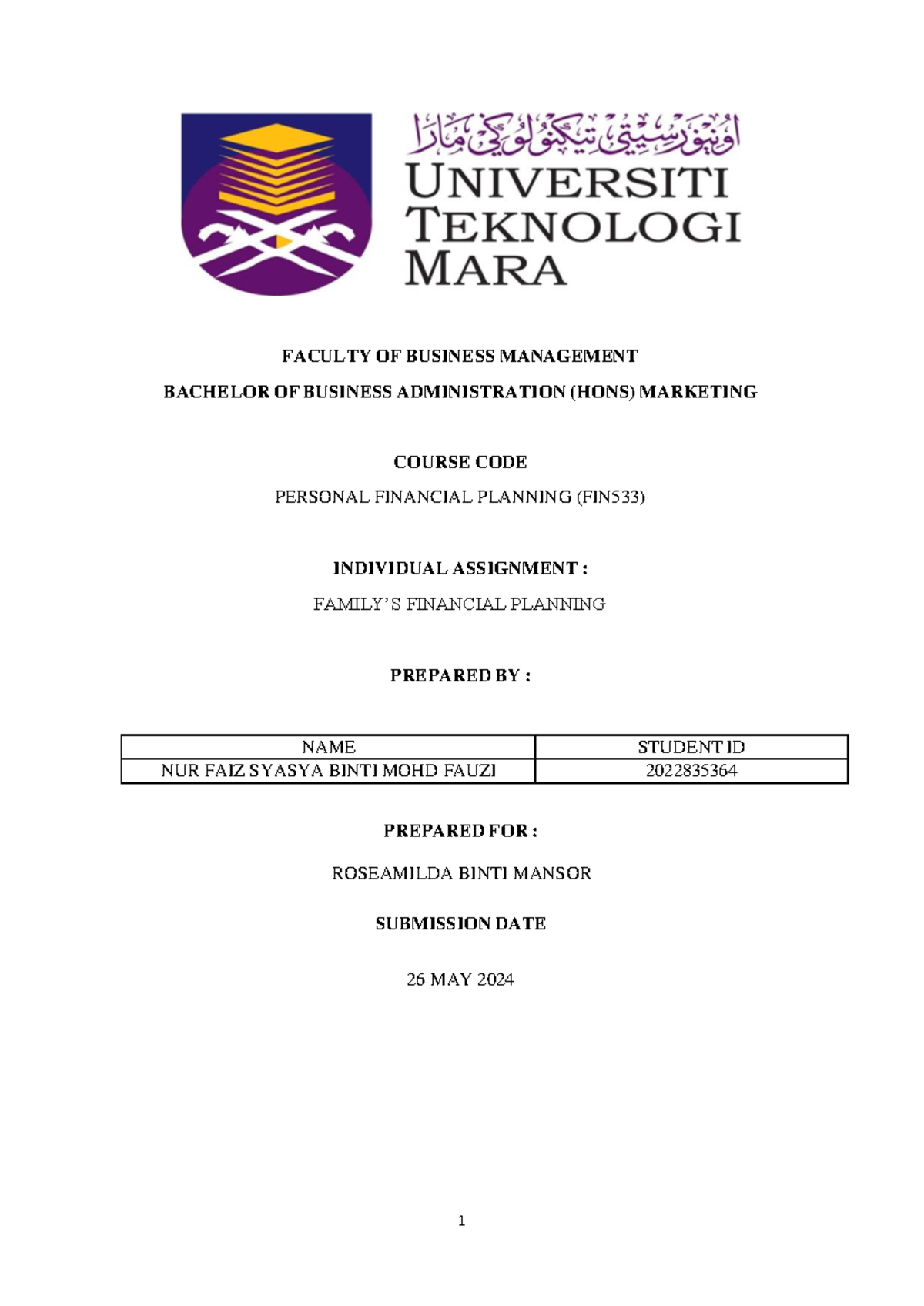 FIN533 Individual Assignment: Family Financial Planning Analysis - Studocu