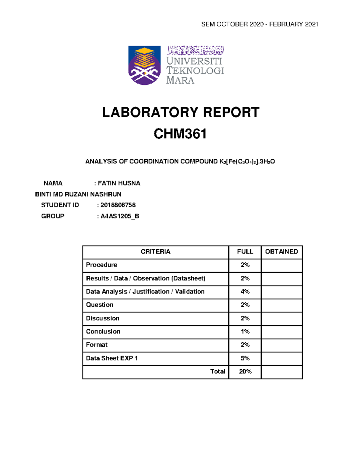 LAB Experiment CHM 361 - Inorganic Chemistry - UiTM - Studocu