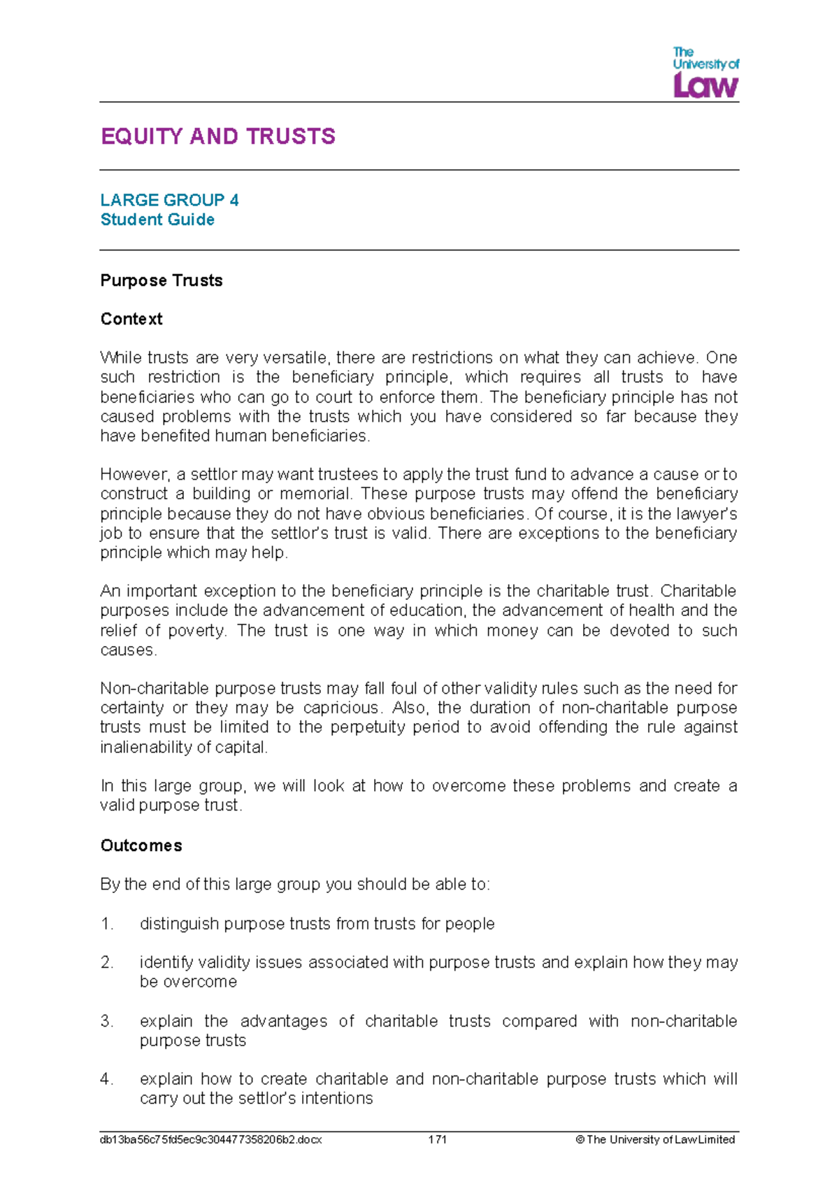 EQUITY AND TRUSTS LG4 Student Guide: Understanding Purpose Trusts - Studocu