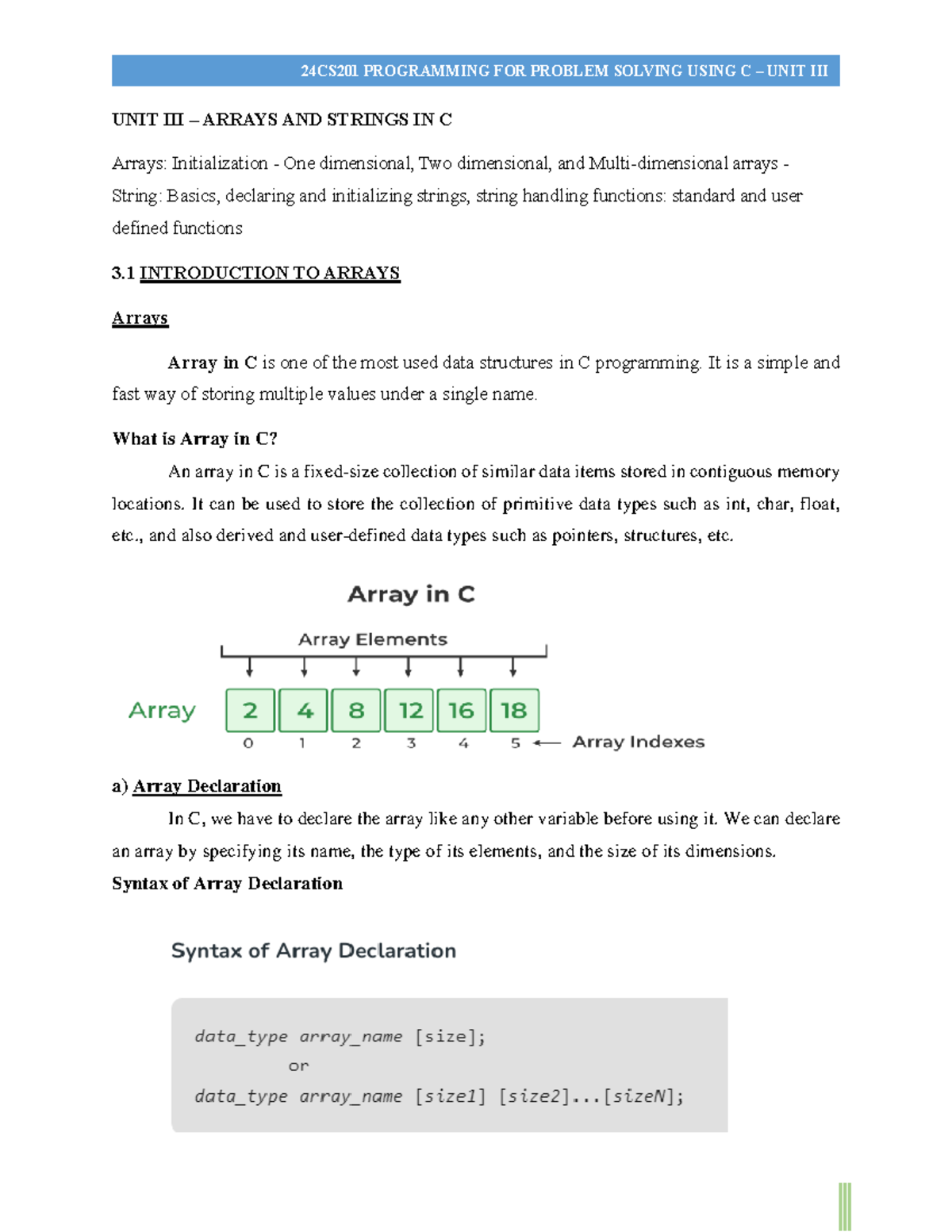 Unit III notes C (Arrays) - UNIT III – ARRAYS AND STRINGS IN C Arrays ...