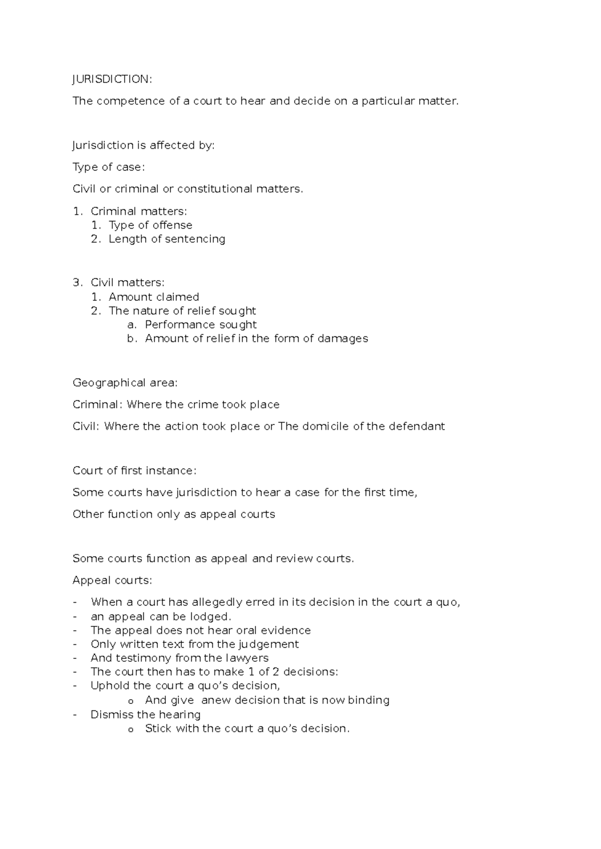 JURISDICTION & JUDICIAL PRECEDENT: Study Notes for LAW 101 - Studocu