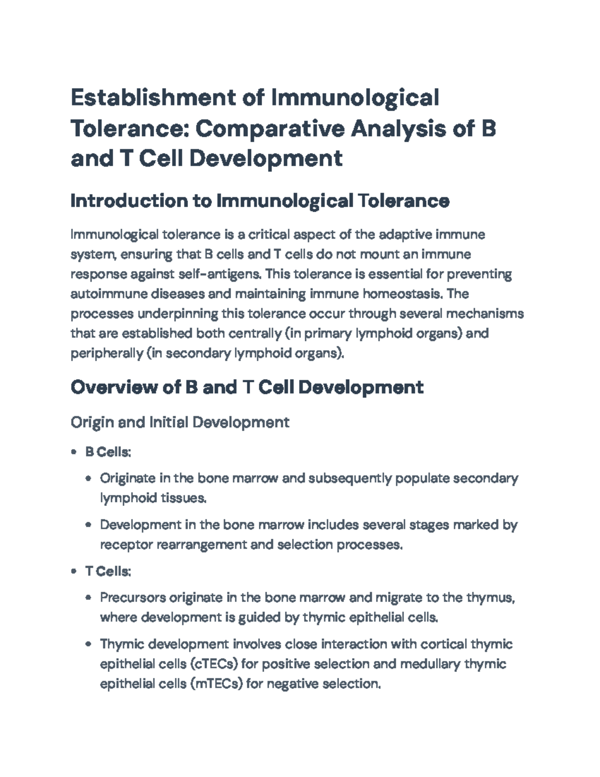 Comparative Analysis of B & T Cell Development in Immunological ...