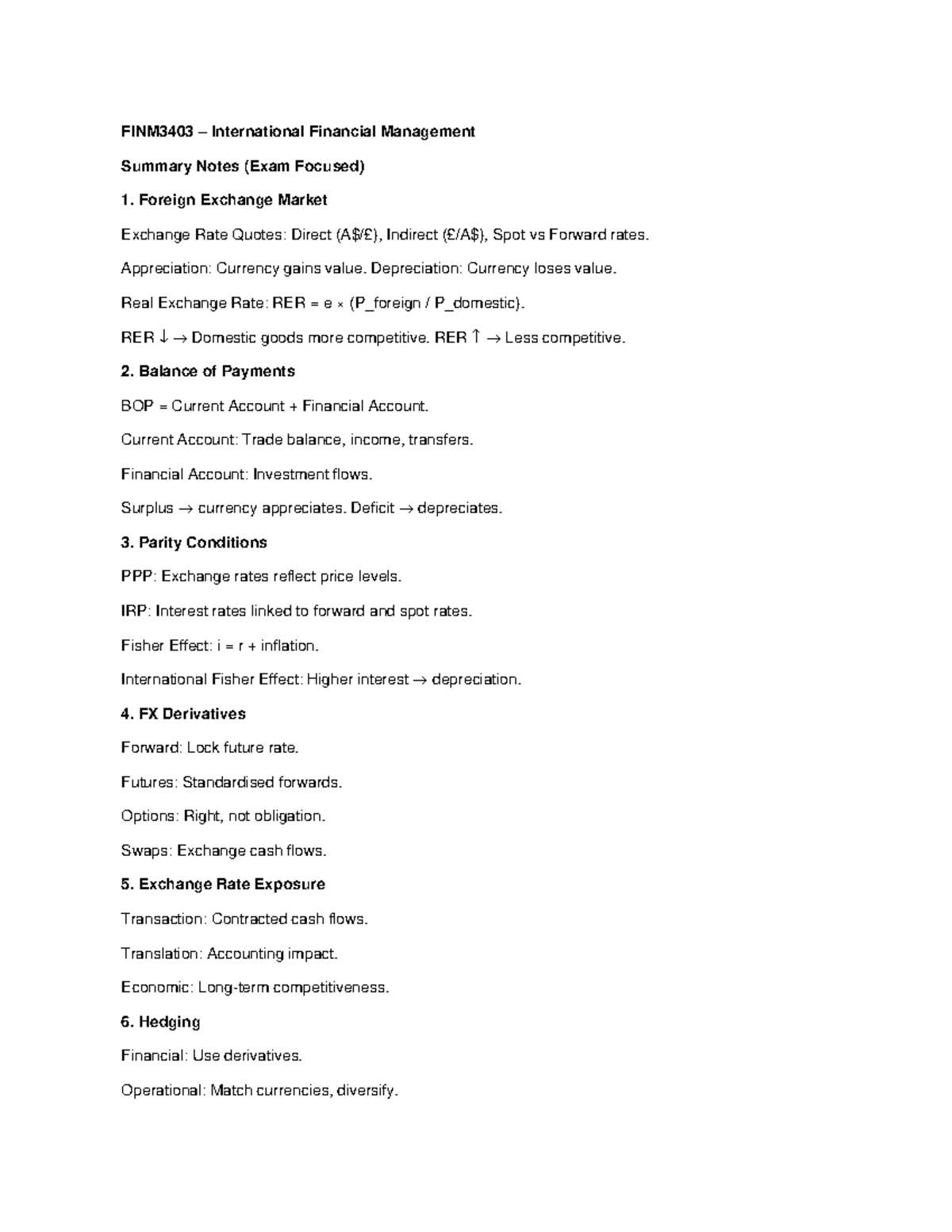 FINM3403 International Financial Management Exam Summary Notes - Studocu