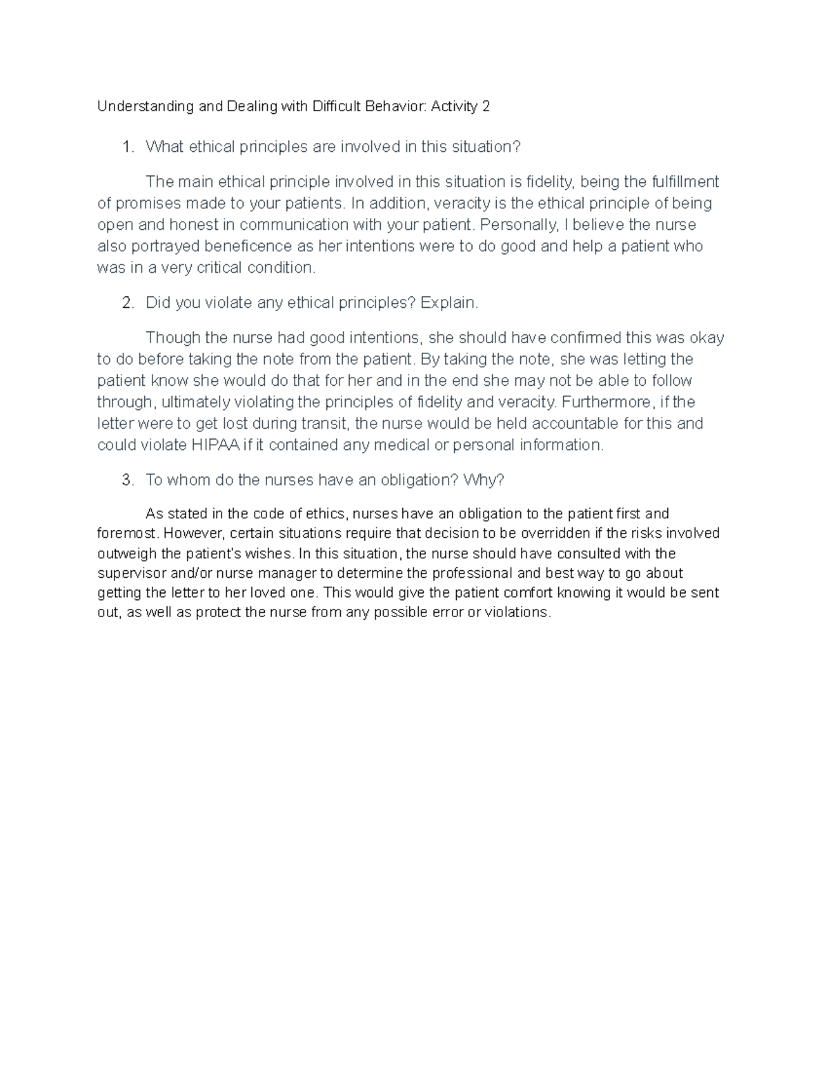 Understanding Ethical Principles in Nursing: Activity 2 - Studocu