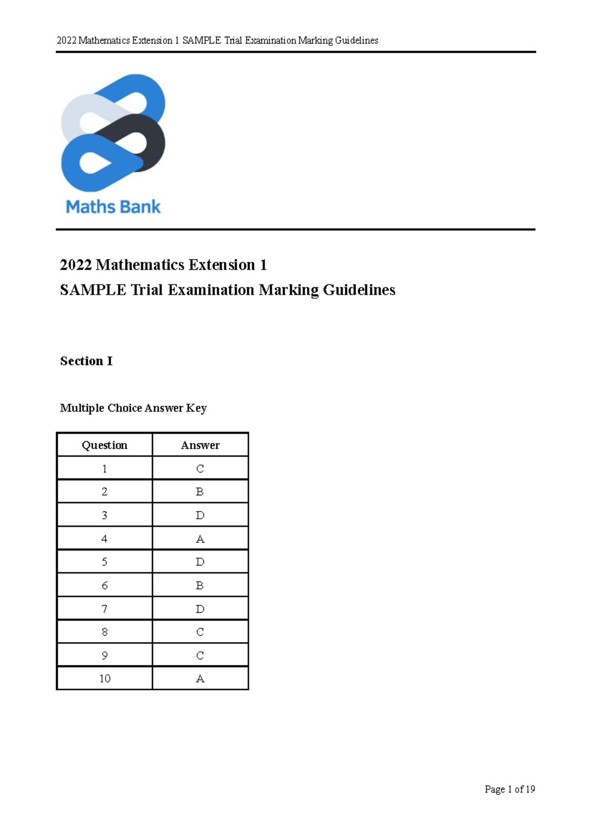 2022 HSC Maths Ext 1 Sample Trial Exam Marking Guidelines - Studocu
