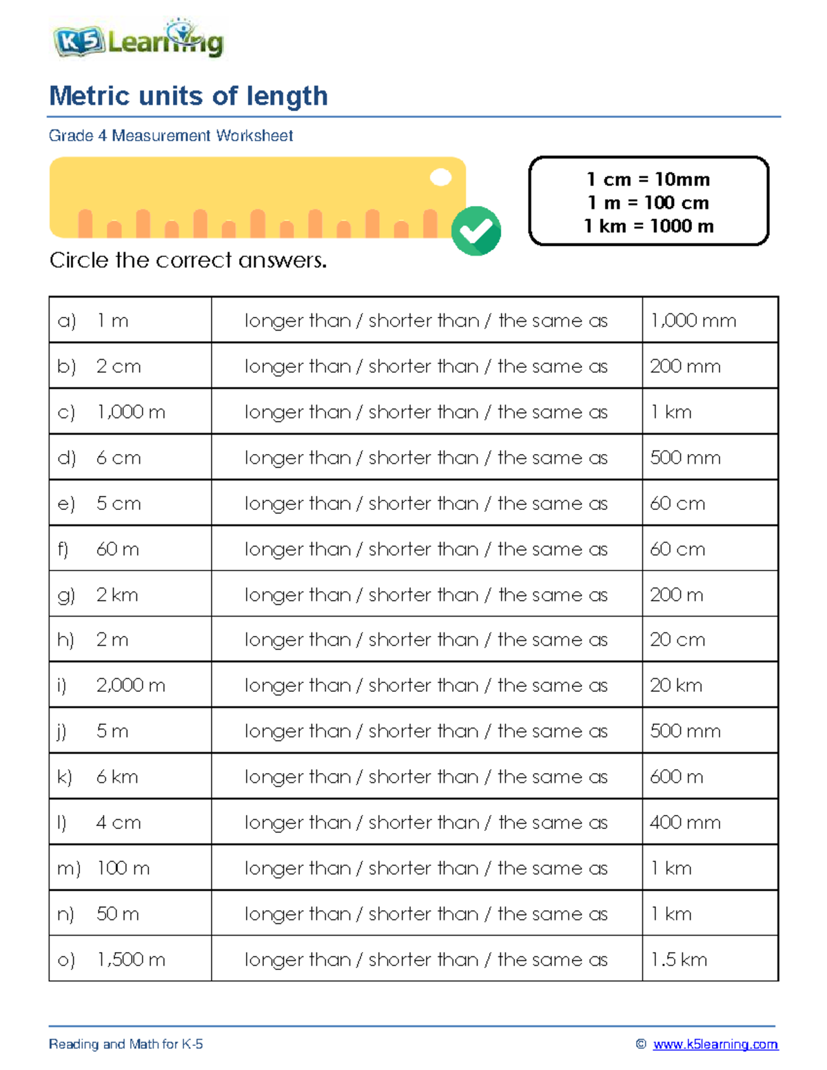 Grade 4 Measurement Worksheet: Metric Units of Length - Studocu
