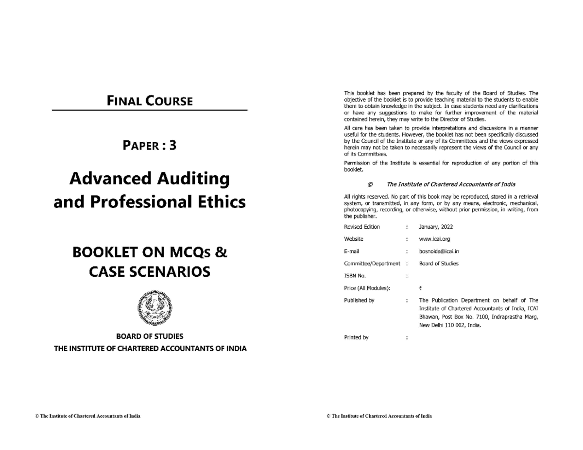 CA Final Paper 3: Advanced Auditing & Professional Ethics MCQ Booklet ...