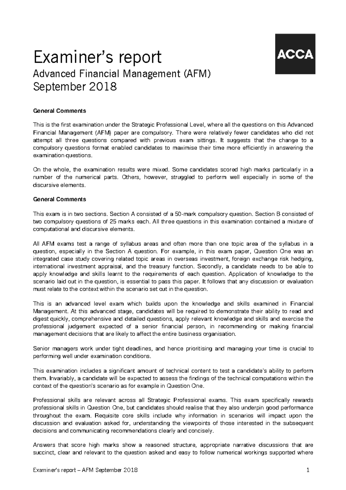 AFM September 2018 Exam Report: Insights & Performance Analysis - Studocu