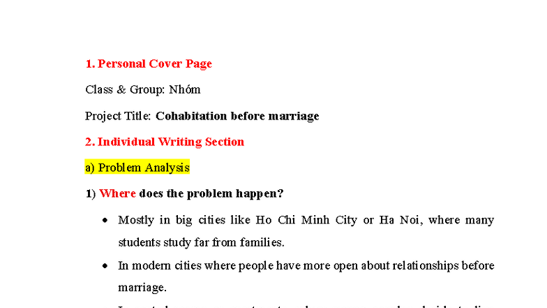 Cohabitation Before Marriage: Problem Analysis - EIMG101 Outline - Studocu