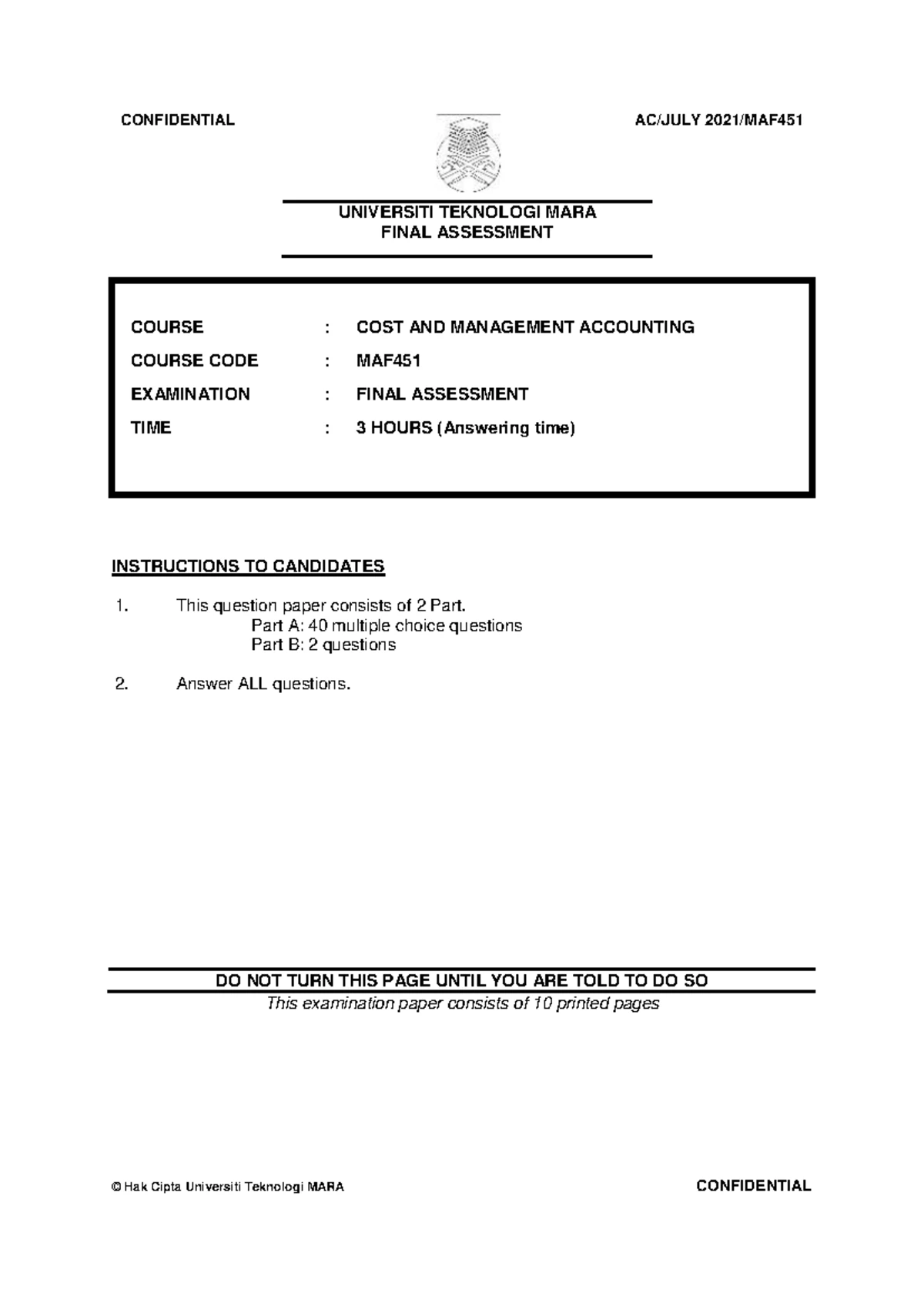 MAF451 TEST 1 - MAY 2023 - Cost & Management Accounting Exam - Studocu