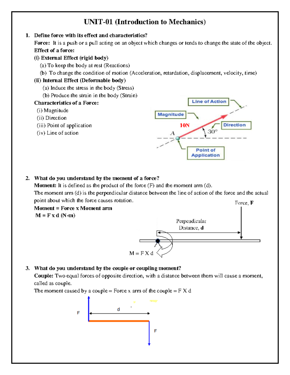 FME Final Exam Notes: Unit 1 - Introduction to Mechanics - Studocu